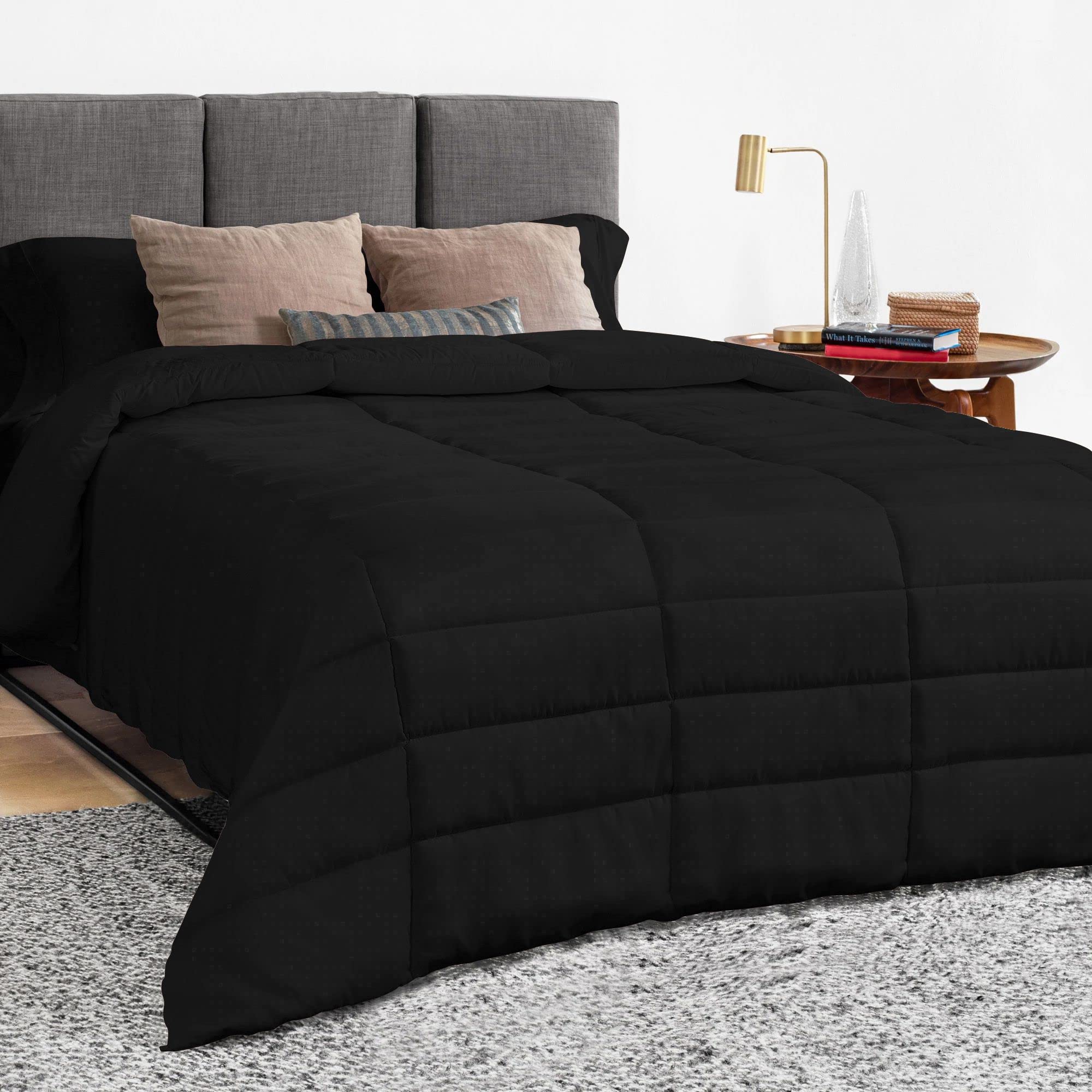 1 Piece Luxury Long Box Pattern Comforter Premium |Super Soft 450 GSM All Season, 1000 Thread Count, 100% Egyptian Cotton, Full/Queen Size - Black Color