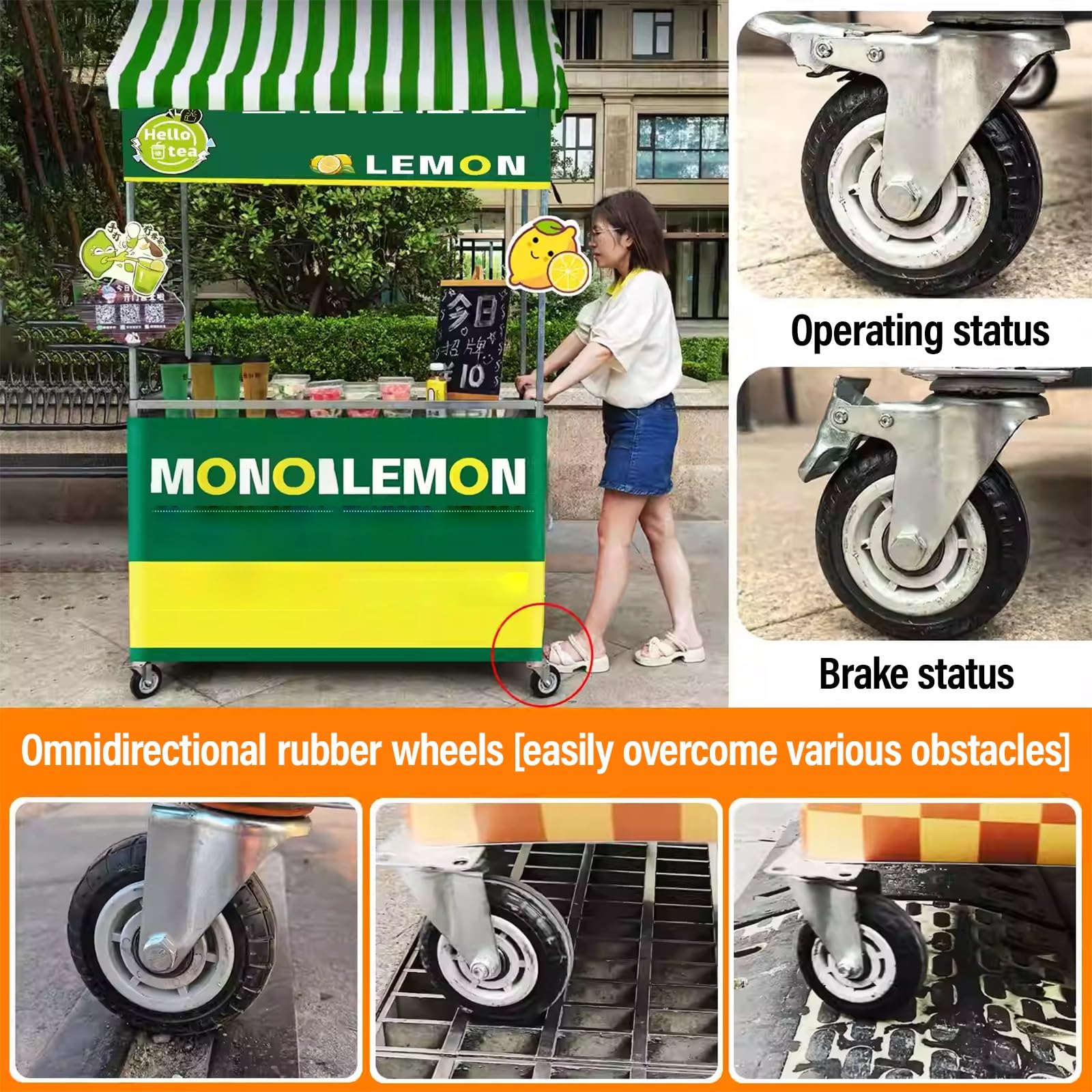 Marktstand Verkaufsstand Mobiler Verkaufswagen, Faltbarer Outdoor-Food-Cart Mit Gestreifter Markise, Doppellagigen Ablagen Und Feststellbaren Rollen, Für Märkte, Street-Food, Getränke & Events