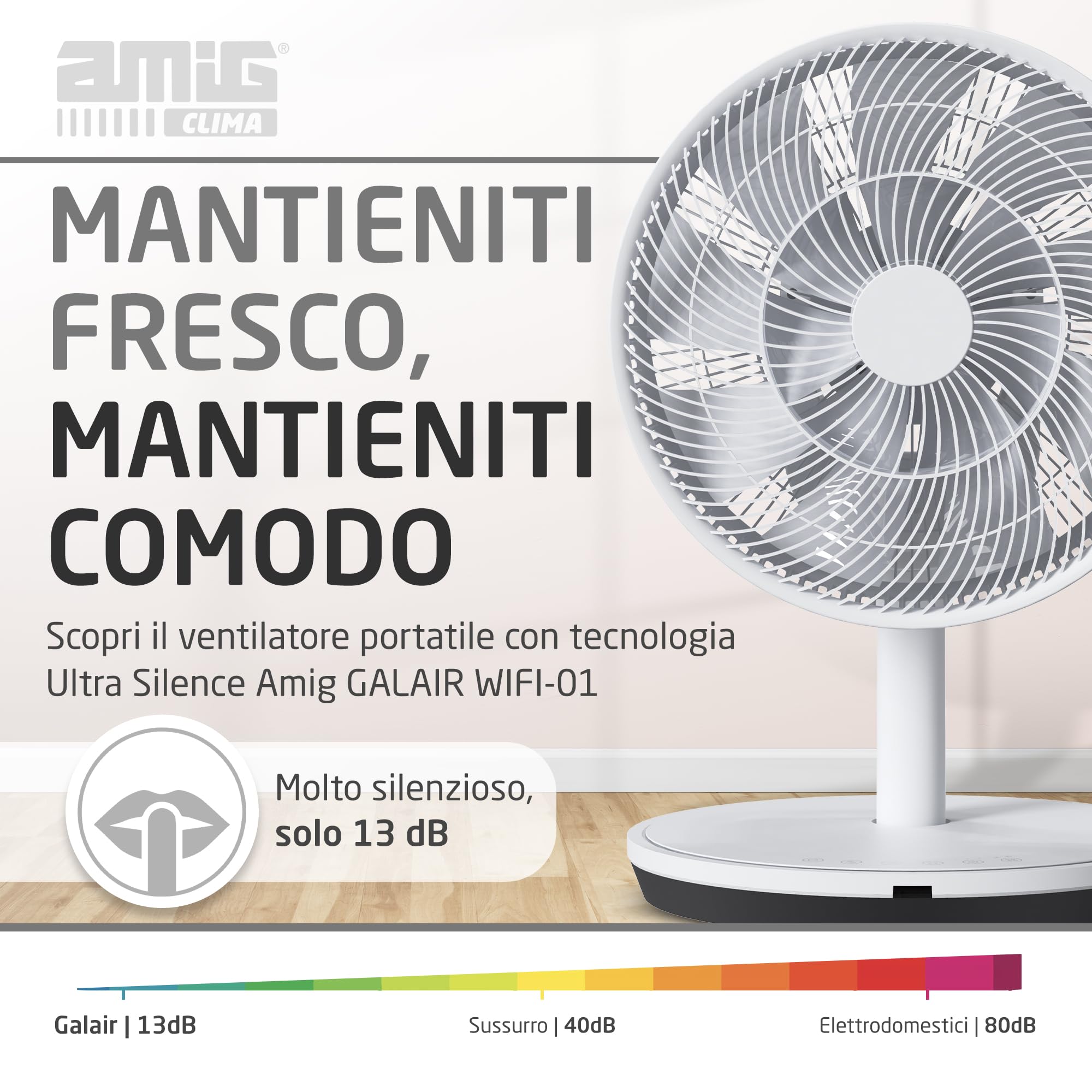 Amig - Ventilatore da Pavimento e da Tavolo GALAIR WIFI-01 - Silenzioso 13dB - 26 Velocità - Oscillazione Verticale e Orizzontale - Basso Consumo 27W - Telecomando e App - Luce LED