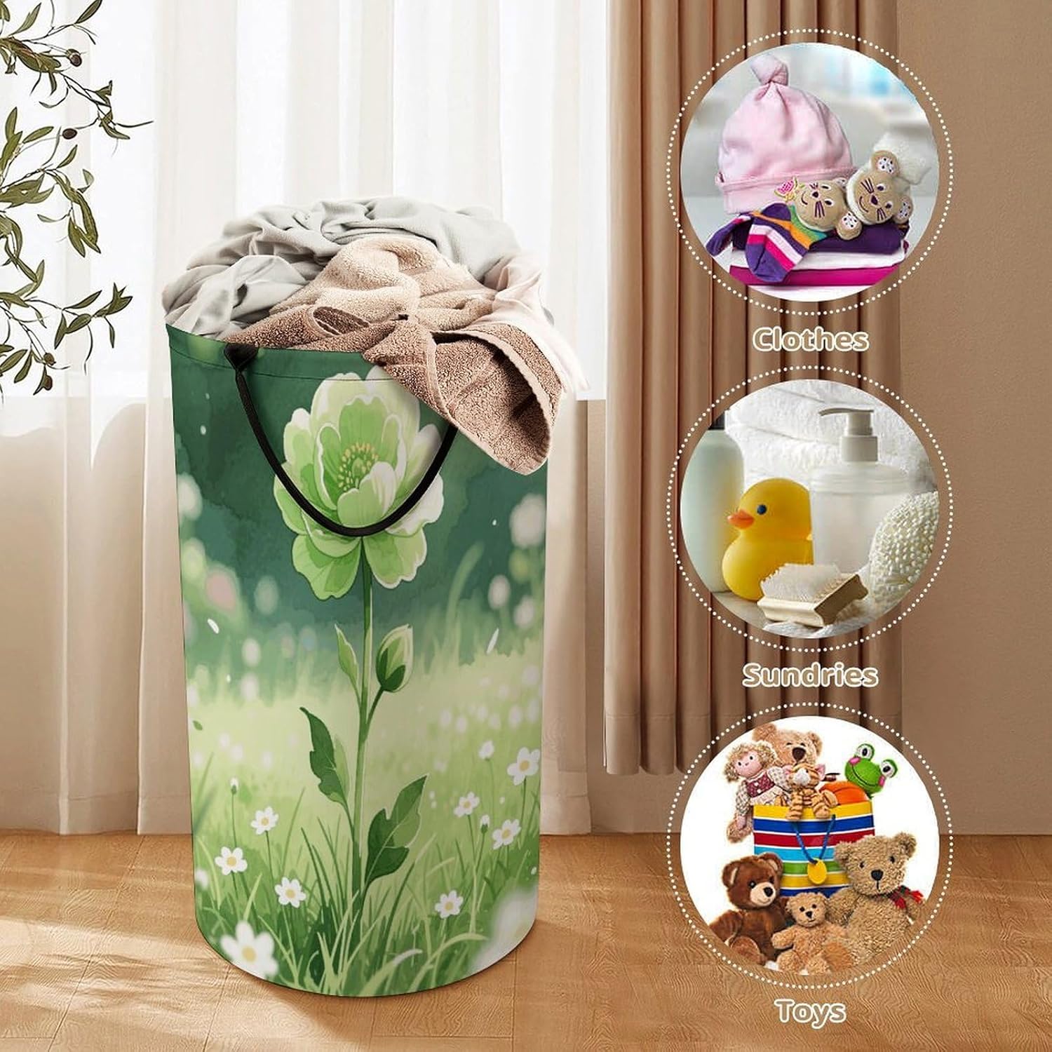 Green Flower Laundry Hamper with Handles Waterproof Collapsible Laundry Basket Large Lightweight Round Dirty Clothes Hamper for Home Dorm Bathroom Decor