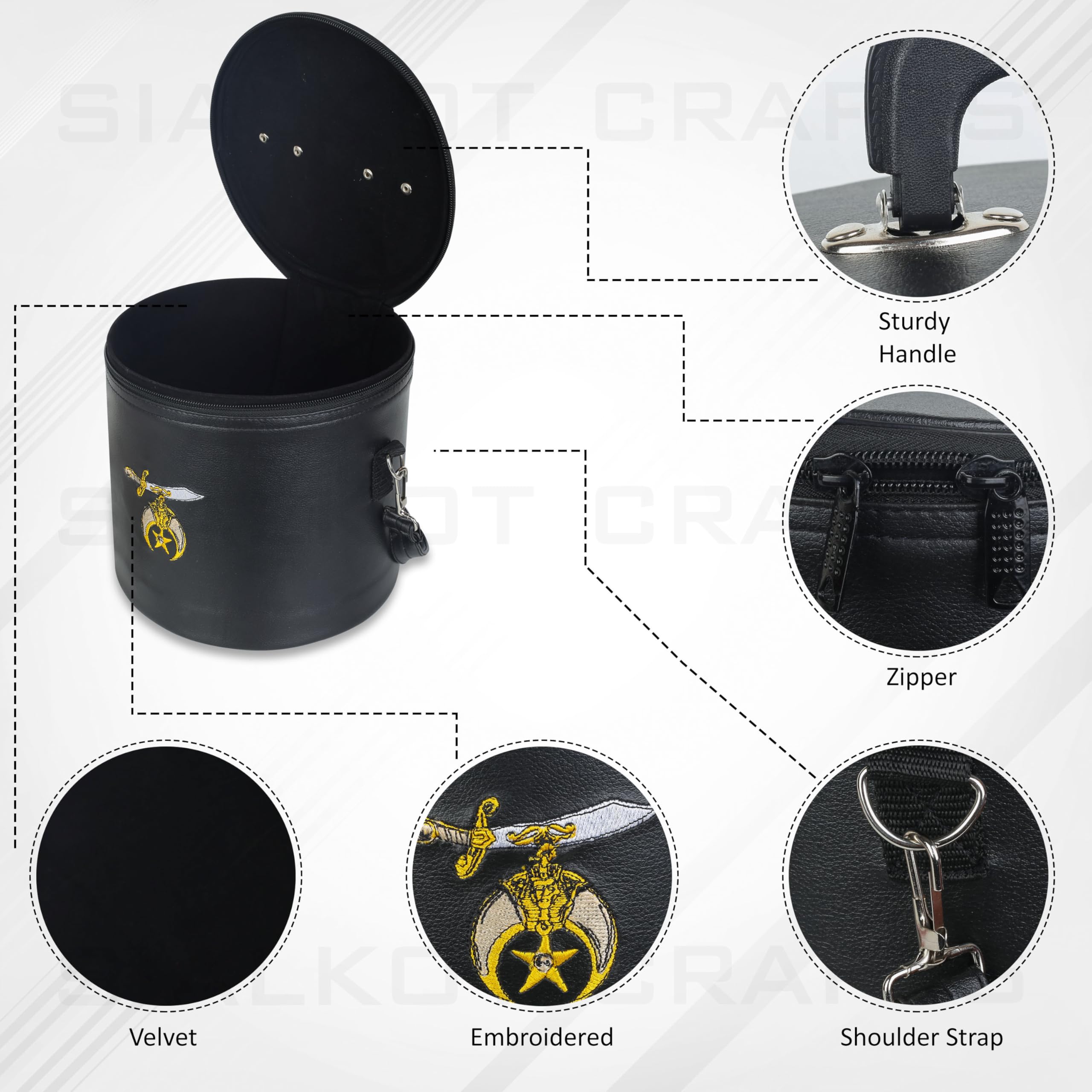 SialkotCrafts Masonic Shriner Fez Case With Free Gloves - Shriners Black Leather Embroidered Logo Fez Cap For Shriners With Strap For Hanging on Shoulder And Free Embroidered Shriners Gloves