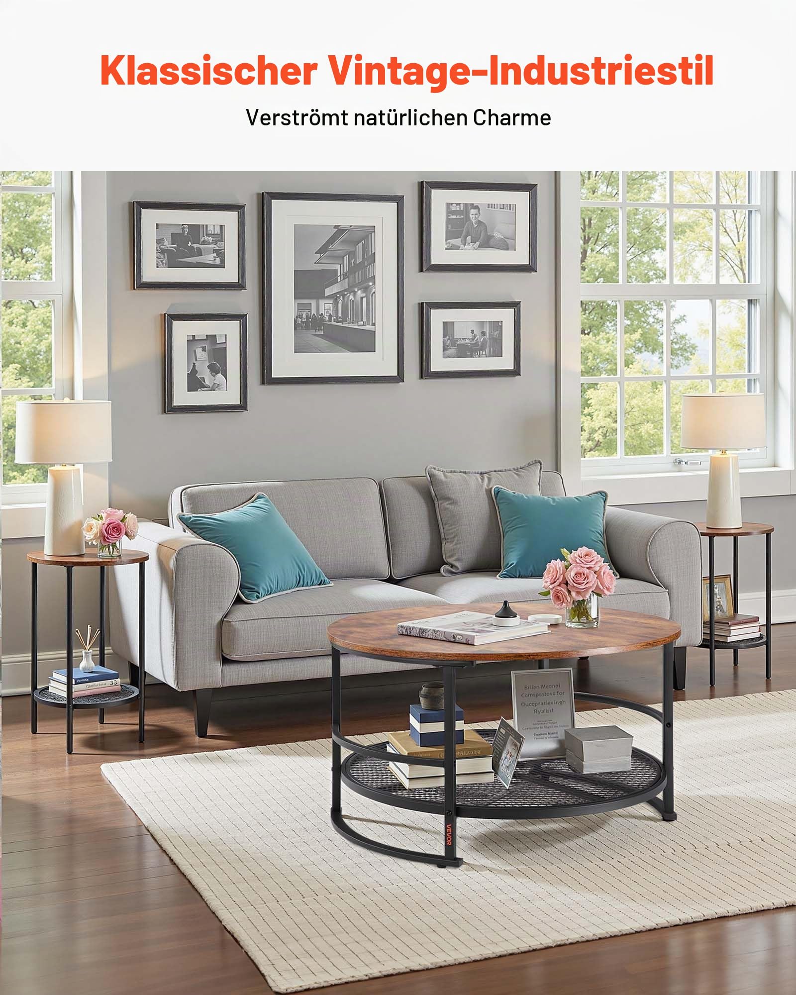 VEVOR 3-TLG. rundes Wohnzimmertisch-Set, (800 x 465 mm) Industrie-Couchtisch mit 2 runden Beistelltischen (40 x 60 cm), Sofatisch-Sets mit Metallbeinen, Satztische für Büro Wohnzimmer Wohnung