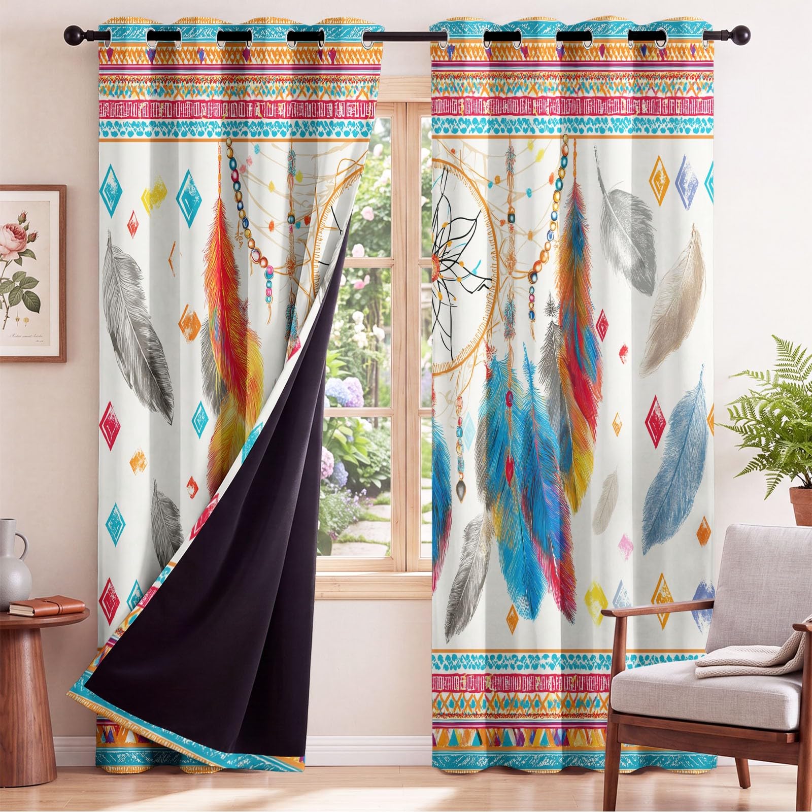Generisch Boho Verträumt Vorhänge Traumfänger Feder Vorhang Blickdicht mit Ösen, Verdunkelungsvorhang Gardinen für Schlafzimmer Wohnzimmer Fenster Deko, 2er Set H160 x B140 cm