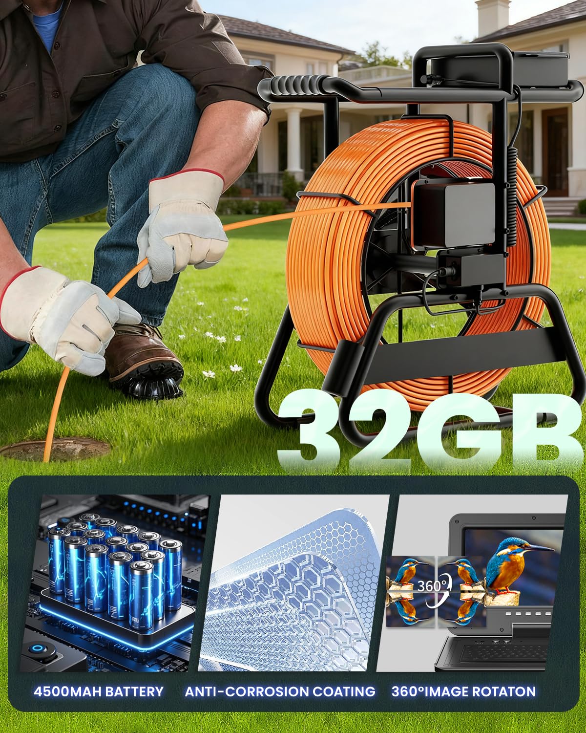 10'' Sewer Camera with 512Hz Transmitter - 7MM/200Ft/60M Self Leveling Drain Camera & Meter Counter & 5X Zoom - 145° Plumbing Pipe Inspection Cam - 1080P IPS Adjustable Monitor with Keyboard