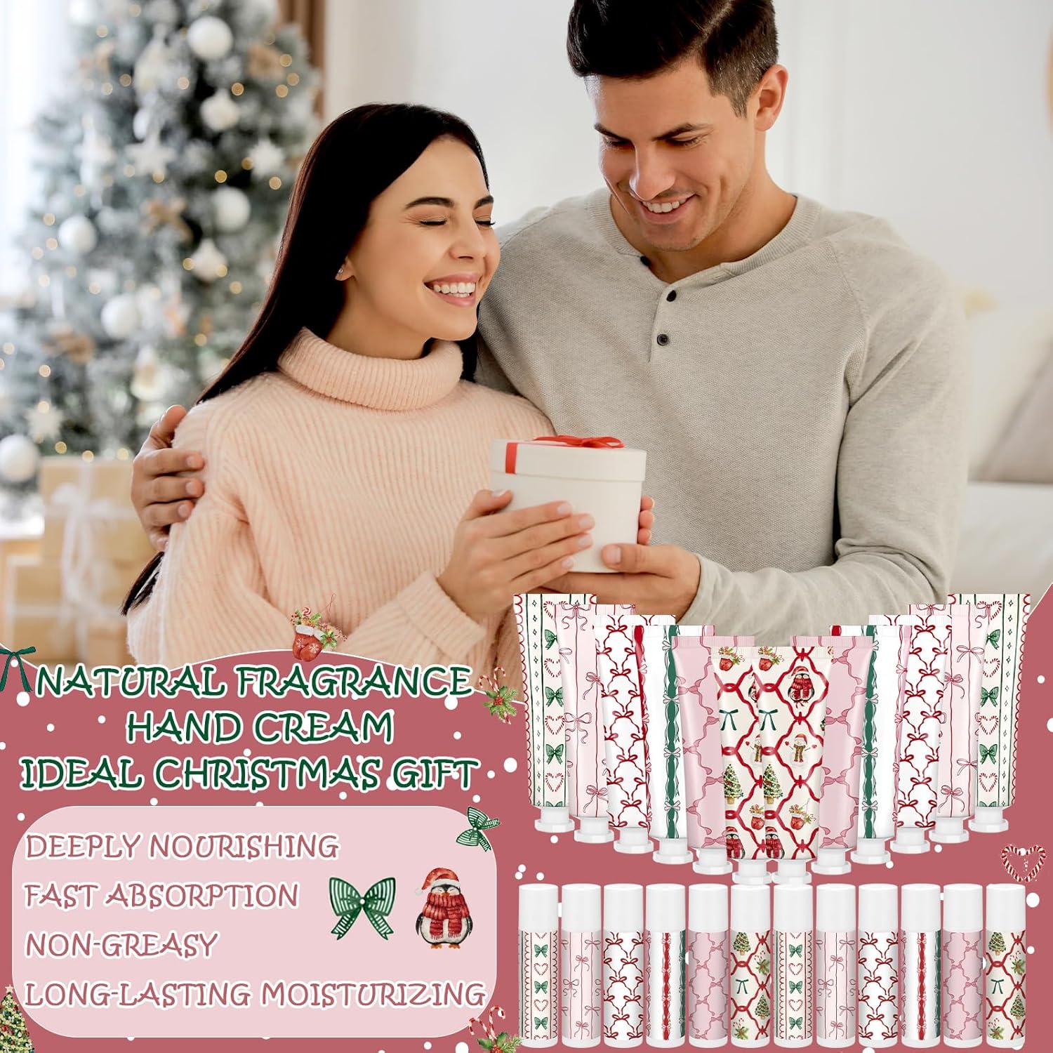 24 Pcs 12 Sets Valentine's Day Hand Cream and Lip Balm Bulk Gift Set, 6 Scents Coquette Bow Valentine's Day Travel Size Hand Lotion Lip Care Gift for Women Staff Coworkers