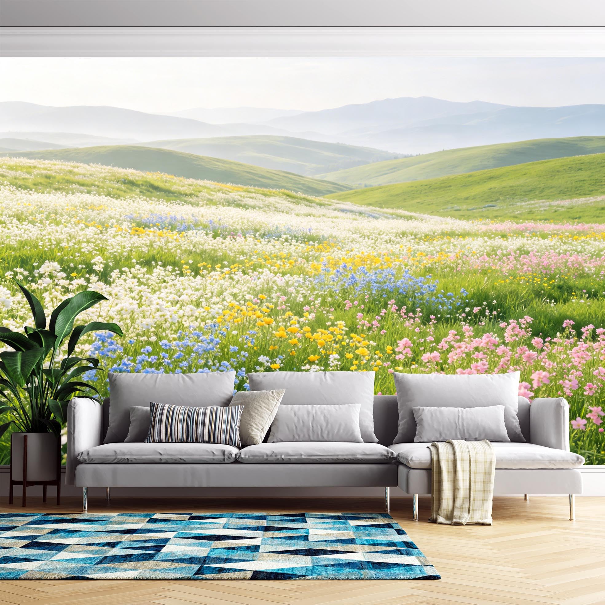 Papier Peint Panoramique Prairie Fleurie Mural Paysage 450Cmx300Cm(Wxh) Papier Peint Intissé Pour Salon, Chambre, Décoration Murale D'Art Moderne - Ne Pas Décoller Et Coller, Fleurs, Prairie, 450