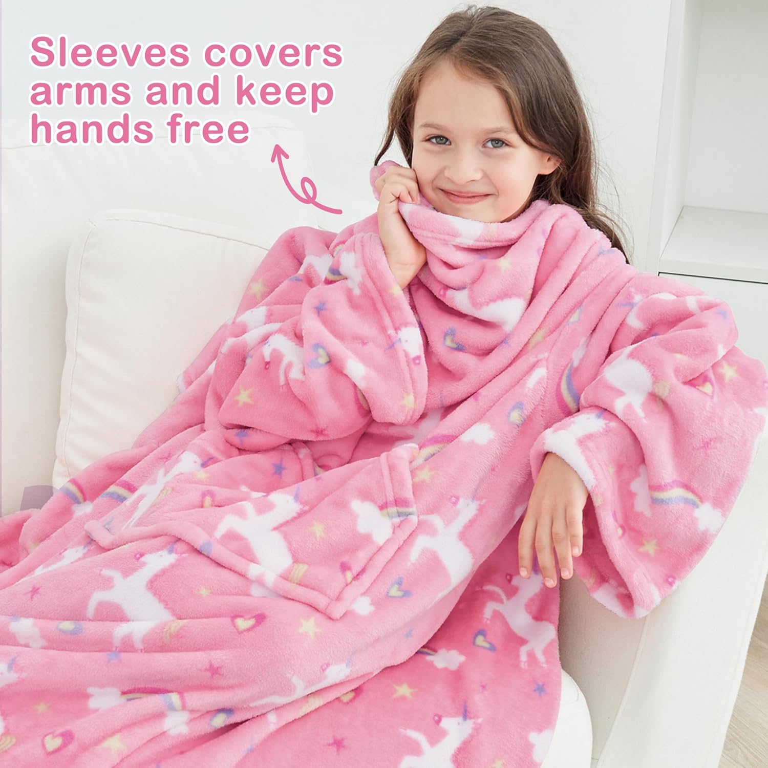 Softan Wearable Fleece Blanket with Sleeves & Foot Pocket for Kids Boys Girls Children,Lightweight Soft Blanket with Sleeves and Hook & Loop 48" x 48" Pink Unicorn - Image 6