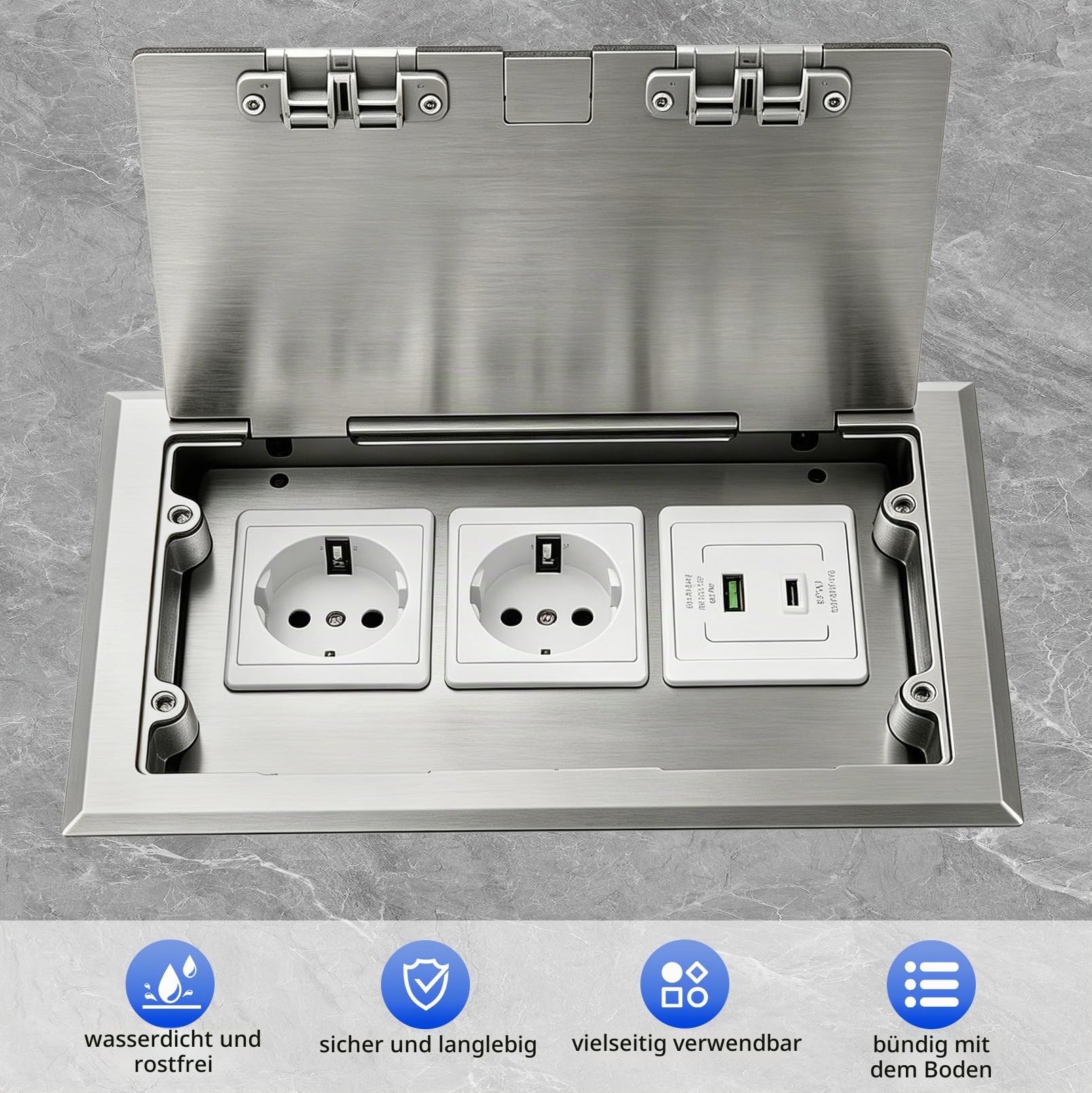 Bodeneinbau Steckdosenkasten, 16A 4000W Edelstahl-Bodensteckdose Set | AC250V Einbausteckdose Versenkbar mit 2 AC Steckdosen & 1 USB-A & 1 USB-C, für Büroräume, Hotels, Schulen