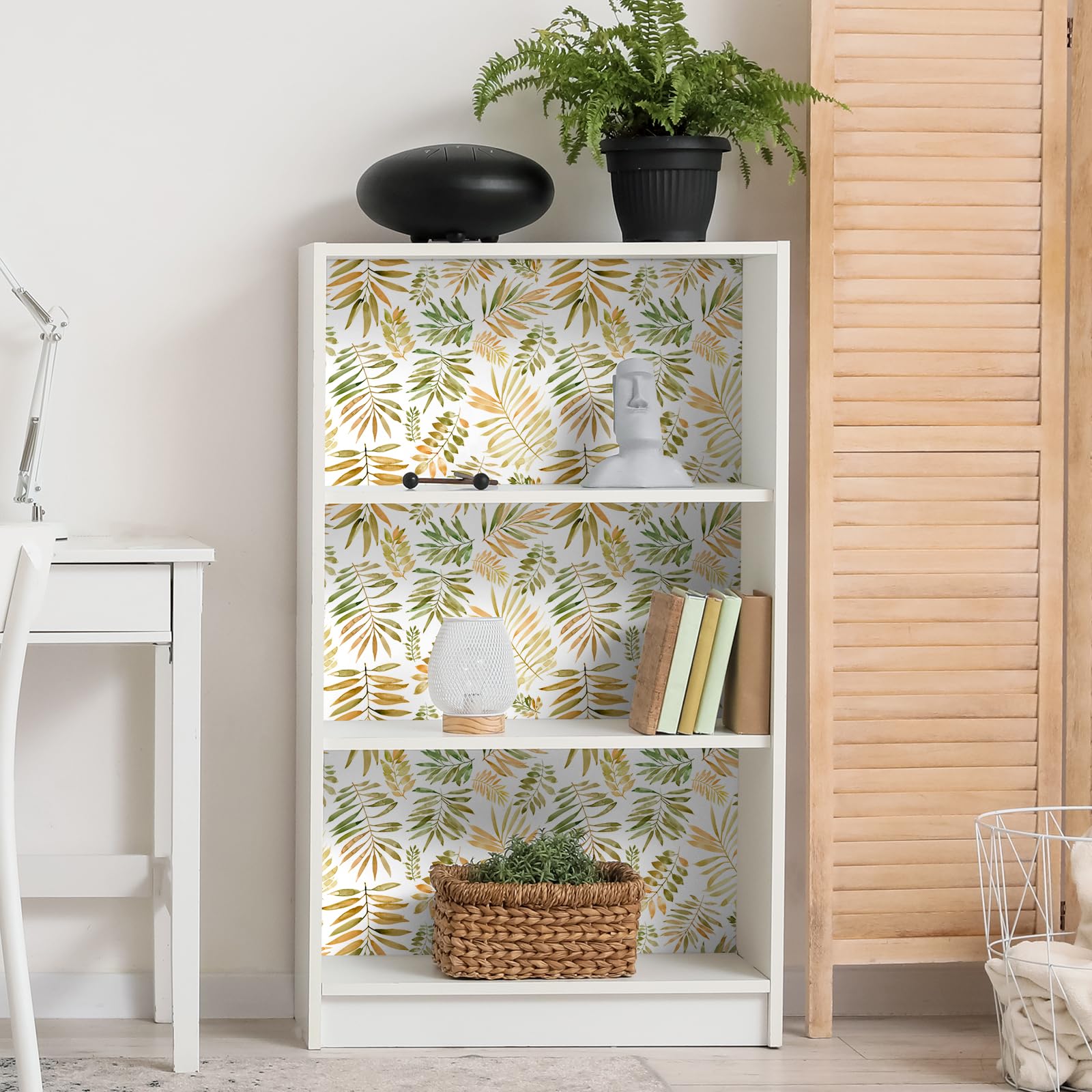 VaryFloral White Floral Wallpaper 30.5cmx300cm Peel and Stick Wallpaper Yellow Green Palm Leaves Contact Paper Watercolor Removable Sticky Back Plastic Thickened Texture Wall Stickers for Bedrooms