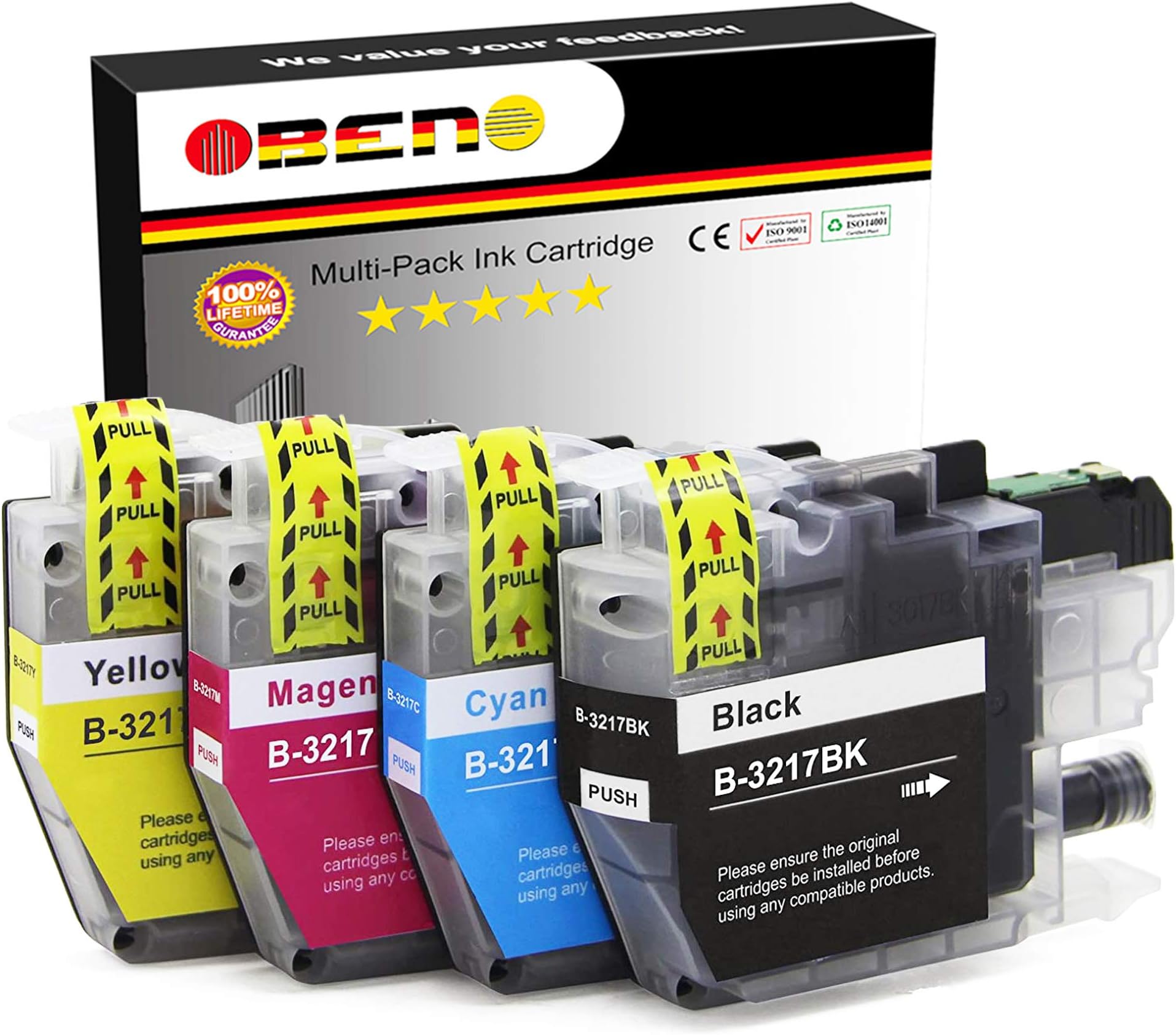 OBENO - 1 Set - LC3217 LC3219 4 Pack Compatible Ink Cartridge for Brother MFC-J5330DW MFC-J5335DW MFC-J5730DW MFC-J5930DW MFC-J6530DW MFC-J6930DW MFC-J6935DW (1 Black, 1 Cyan, 1 Magenta, 1 Yellow)