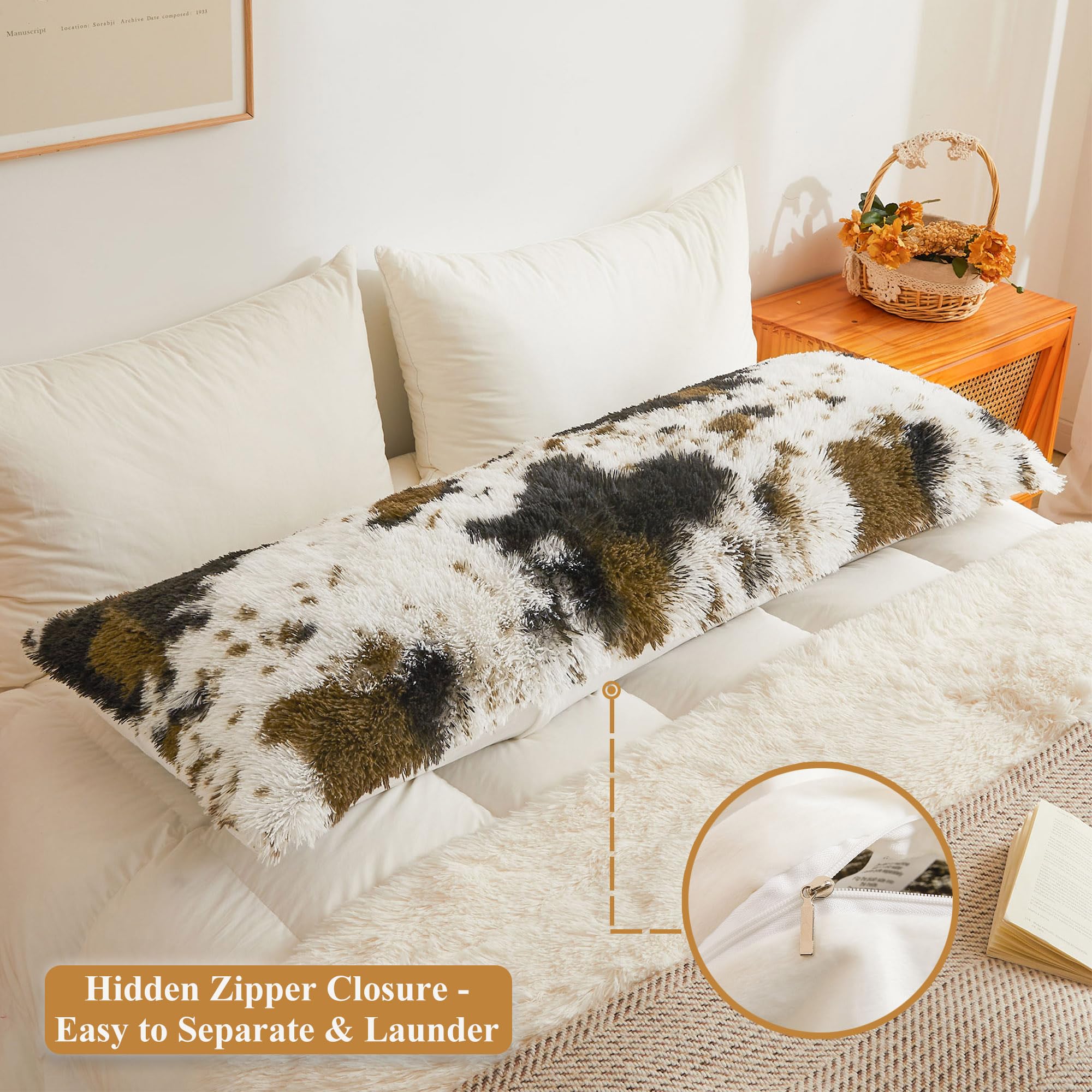 XeGe Long Fluffy Body Pillow Cover, Cow Print Faux Fur Bolster Pillow Case with Zipper Closure - Image 3