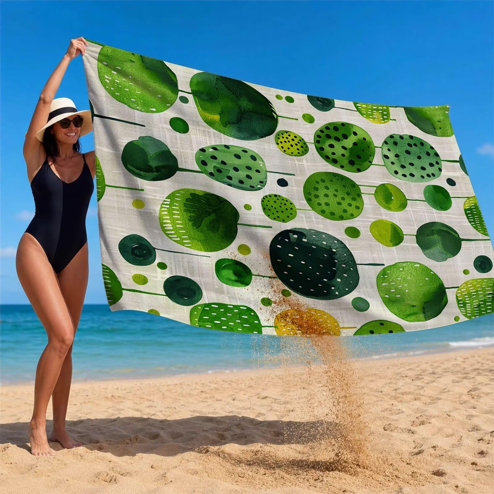 Toalla Playa Grande 160 x 220 Vacaciones Accesorios Viaje, Toalla Playa Verde Suave Cómodo Secado Rápido, Redondo Toallas Baño Grandes 220x160cm para Yoga Fitness Natación Sauna Baño Regalo XTLS-1038