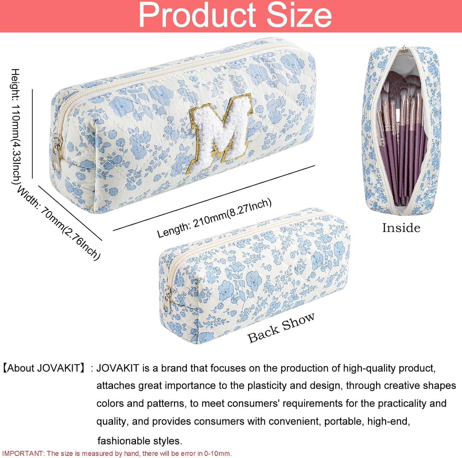 JOVAKIT Small Alphabet Makeup Bag Cosmetic Bag for Women, Christmas Gifts for Girls, Floral Flowers Coquette Travel Toiletry Bag, Zipper Make Up Pouch Organizer Bag Trendy Stuff (Blue Floral M) - Image 3