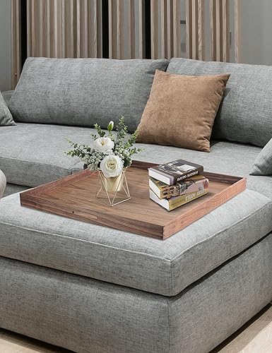Miniatura 5 de EXISTING Bandeja de 23 x 23 pulgadas para otomana, bandeja grande de madera con asas, bandeja cuadrada marrón de nogal decorativo, para desayuno en