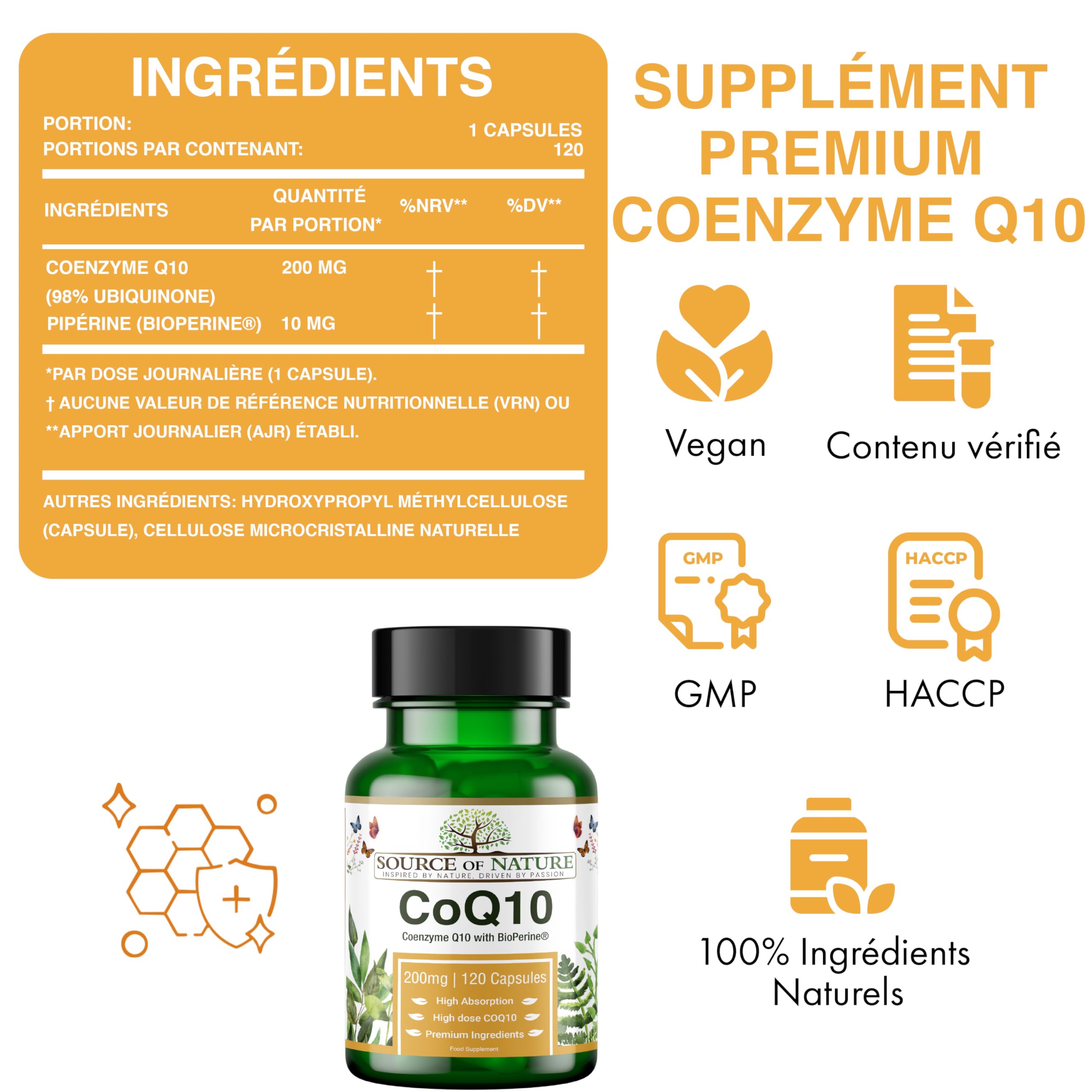Source of Nature® | CoQ10 200mg | 120 Gélules | Approvisionnement de 4 mois | Haute dose | Coenzyme Q10 pur à 99% | Naturellement fermenté | Avec BioPerine® pour l'absorption | Végétalien