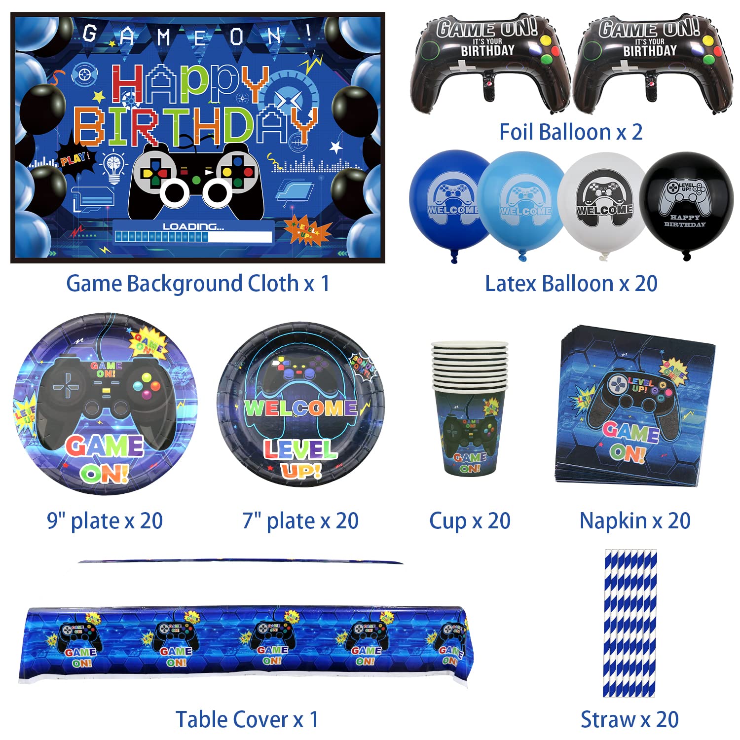 Forniture Per Feste Per Videogiochi Set, Inclusi Happy Birthday Fondale da Gioco, Piatti, Tazze, Palloncini ,Tovaglie,Cannucce, per Ragazzi Compleanno Favors Party Decorazione Per (Serves 20 )