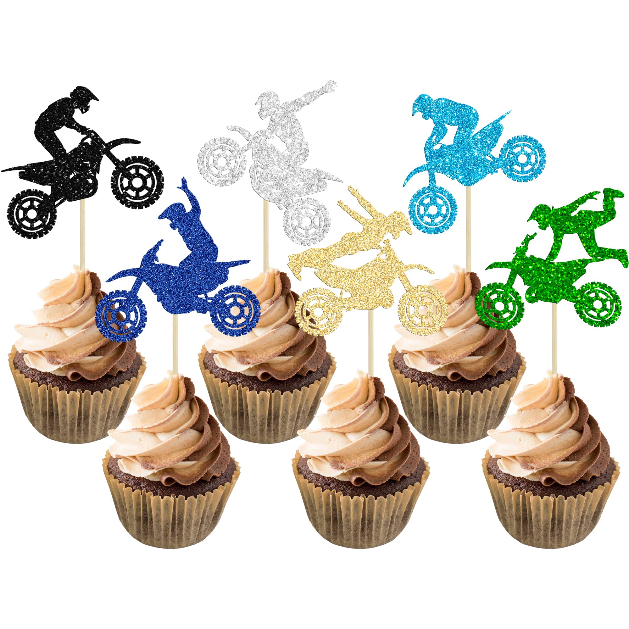 Ephlyn 30Pcs Motorcycle Cupcake Toppers Multi Glitter Motocross Dirt Bike Party Cupcake Picks for Sports Motocross Theme Man Boy Birthday Party Cake Decorations Supplies