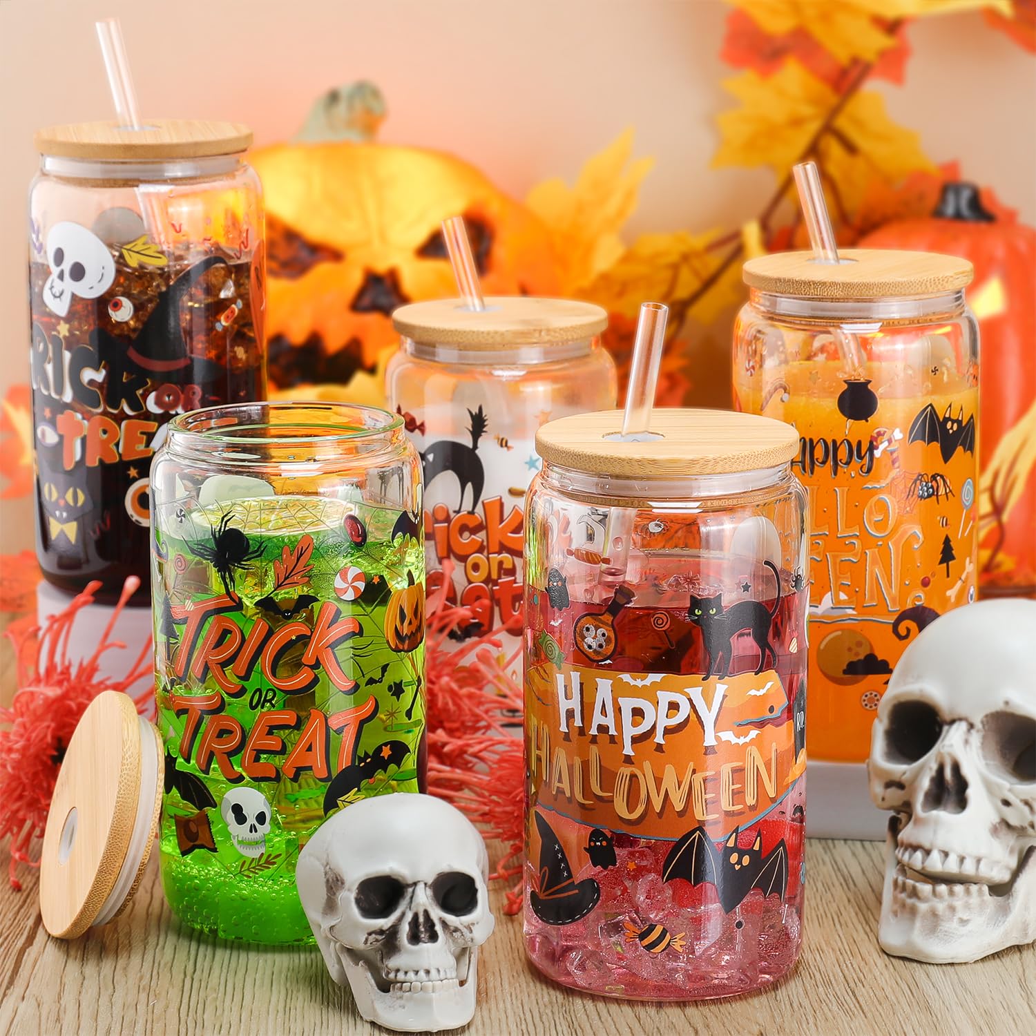 pengtai Halloween Gifts Cups,Halloween Glass Tumbler,16oz Halloween Iced Coffee Cups With Lids and Straw,Can Shaped Glassware Halloween Party Favors Pumpkin Ghost Cups Gift Set of 8