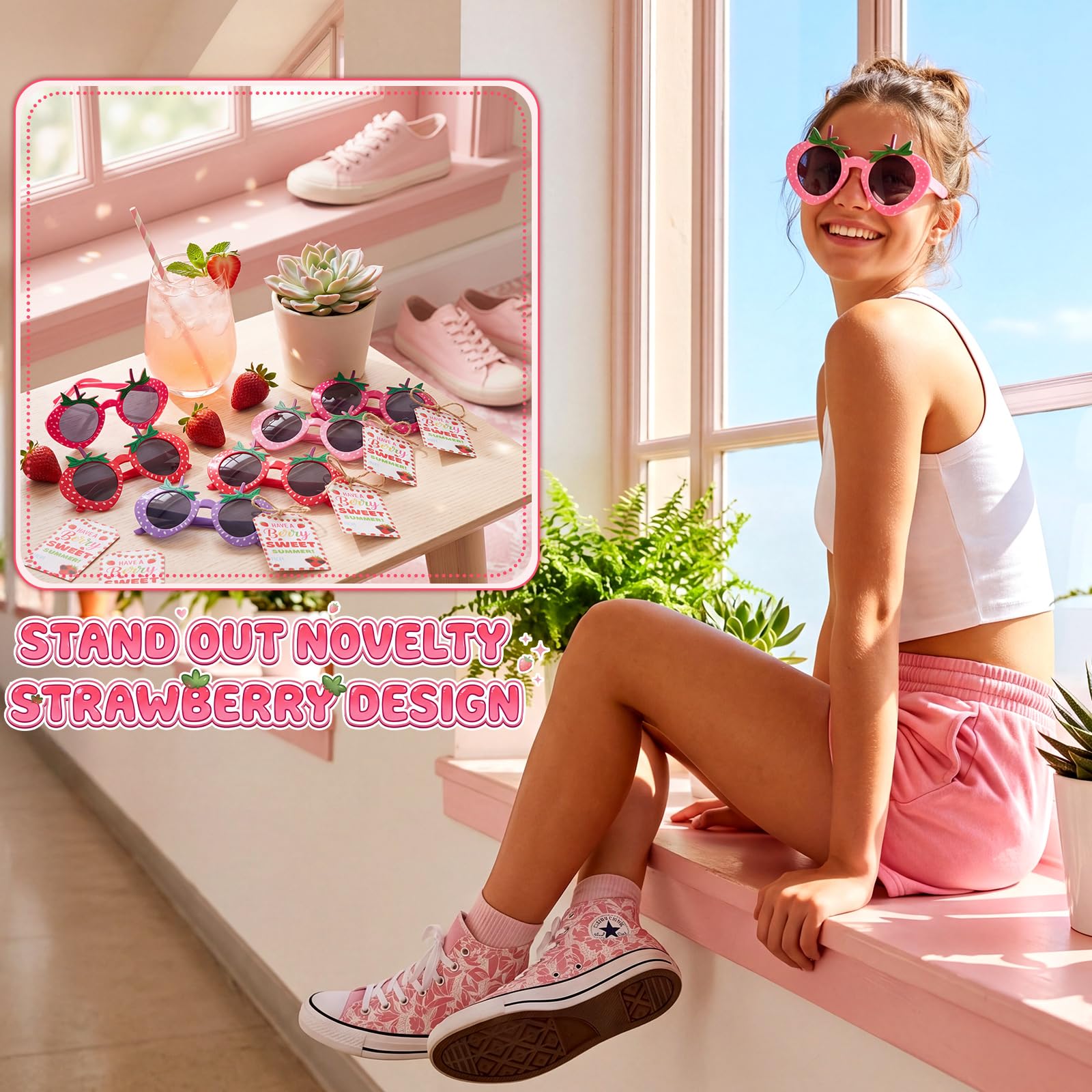 Tanlade Lot de 24 paires de lunettes de soleil en forme de fraise avec jolies cartes d'été, fournitures de fête d'anniversaire, cadeaux sur le thème de la fraise, accessoires photo