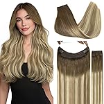 GOO GOO Wire Hair Extensions Human Hair, 3/8/613 Walnut Brown with Ash Brown and Bleach Blonde Balayage 12inch 100g, Invisible Wire Hair Extensions with Transparent, Seamless Fish Line Hairpiece