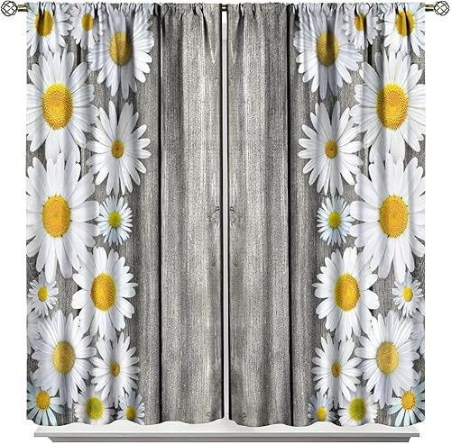 Miniatura 68 de Cortinas rústicas de cocina de granja, margaritas florales de granja de primavera, cortinas opacas de madera retro con bolsillo para barra, cortinas
