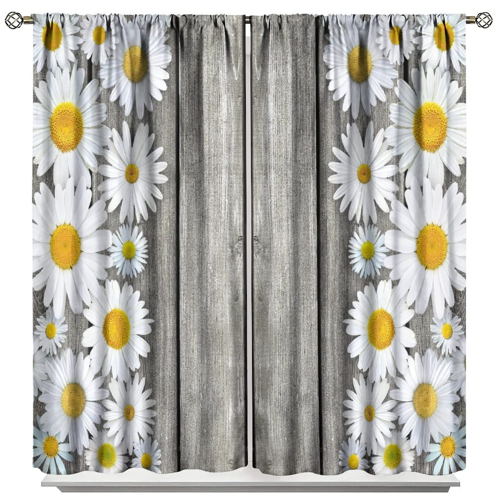 Rustic Farmhouse Kitchen Curtains,Spring Farm Daisy Floral Flowers Retro Country Wooden Blackout Rod Pocket Window Drapes for Living Room Bedroom Bathroom Home Decor W55xL63in