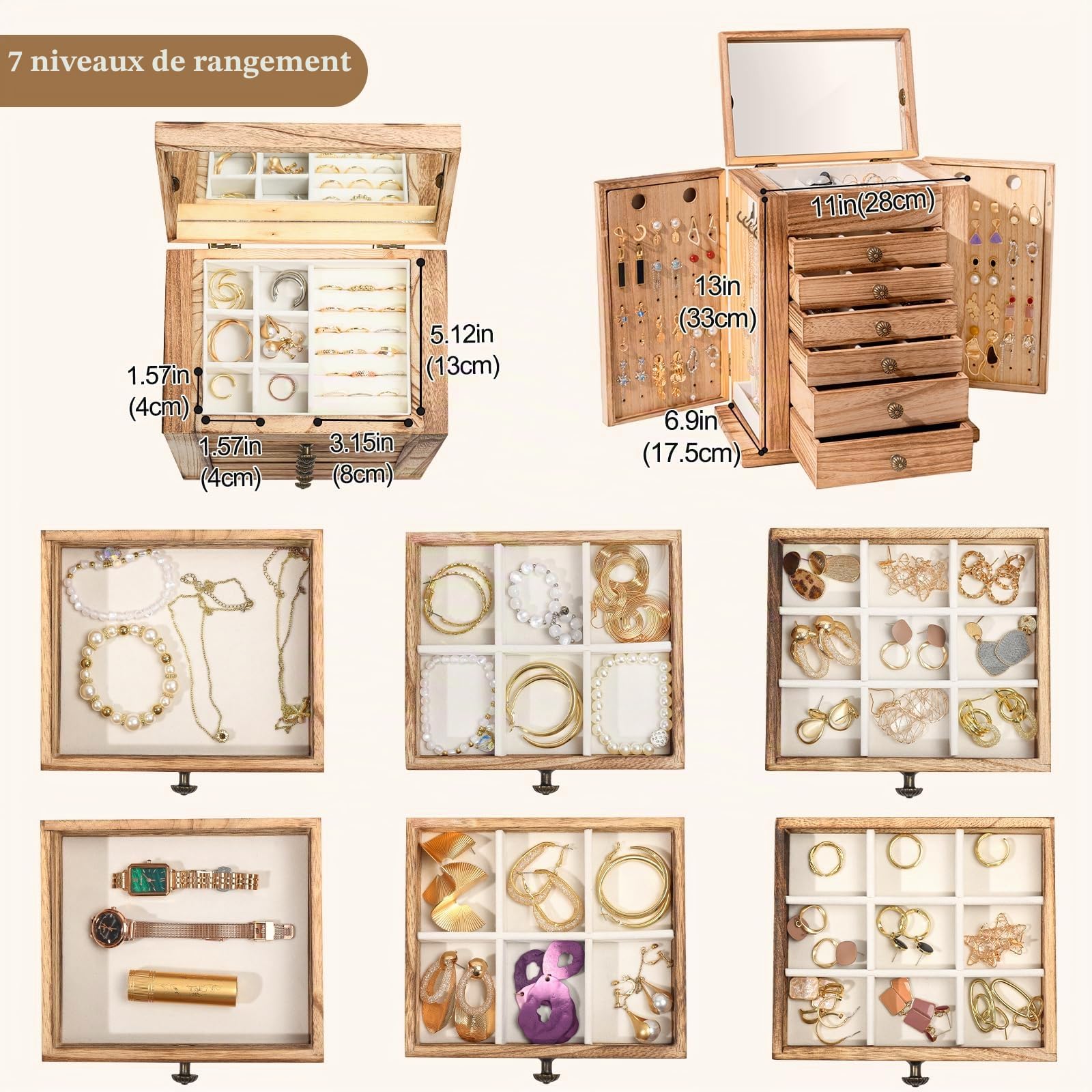 ProCase Grande Boîte à Bijoux en Bois 7 Compartiments, Rangement Bijoux avec Miroir, Coffret Bijoux pour Boucle d’Oreille Collier Bague -Naturel