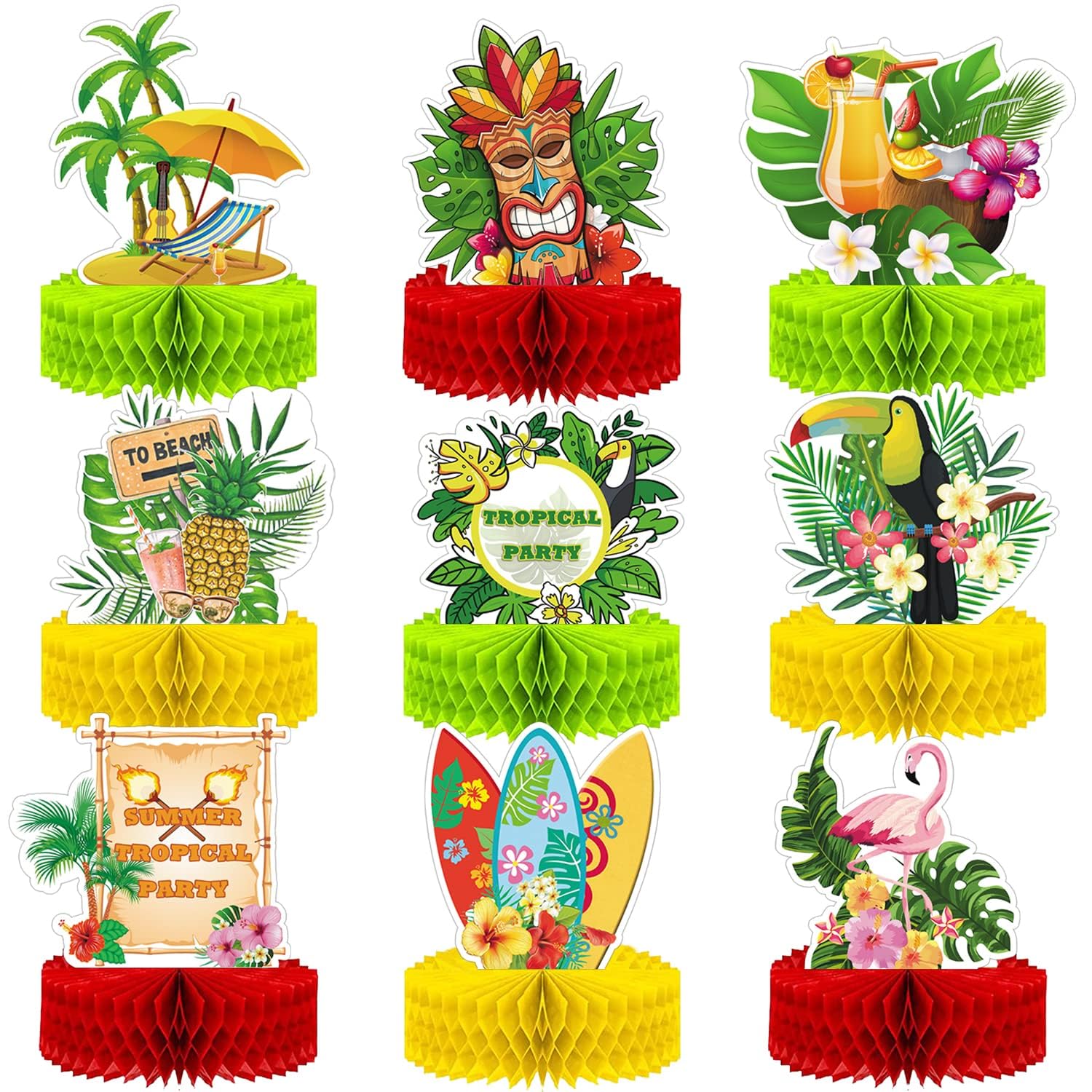 Hawaiian Luau Honeycomb Centerpieces, 9 Pcs 3D Double Side Table Decorations for Hawaii Party, Summer Tropical Table Centerpiece, Flamingo Palm Tree Theme Party Supplies, Hawaii Beach Table Toppers