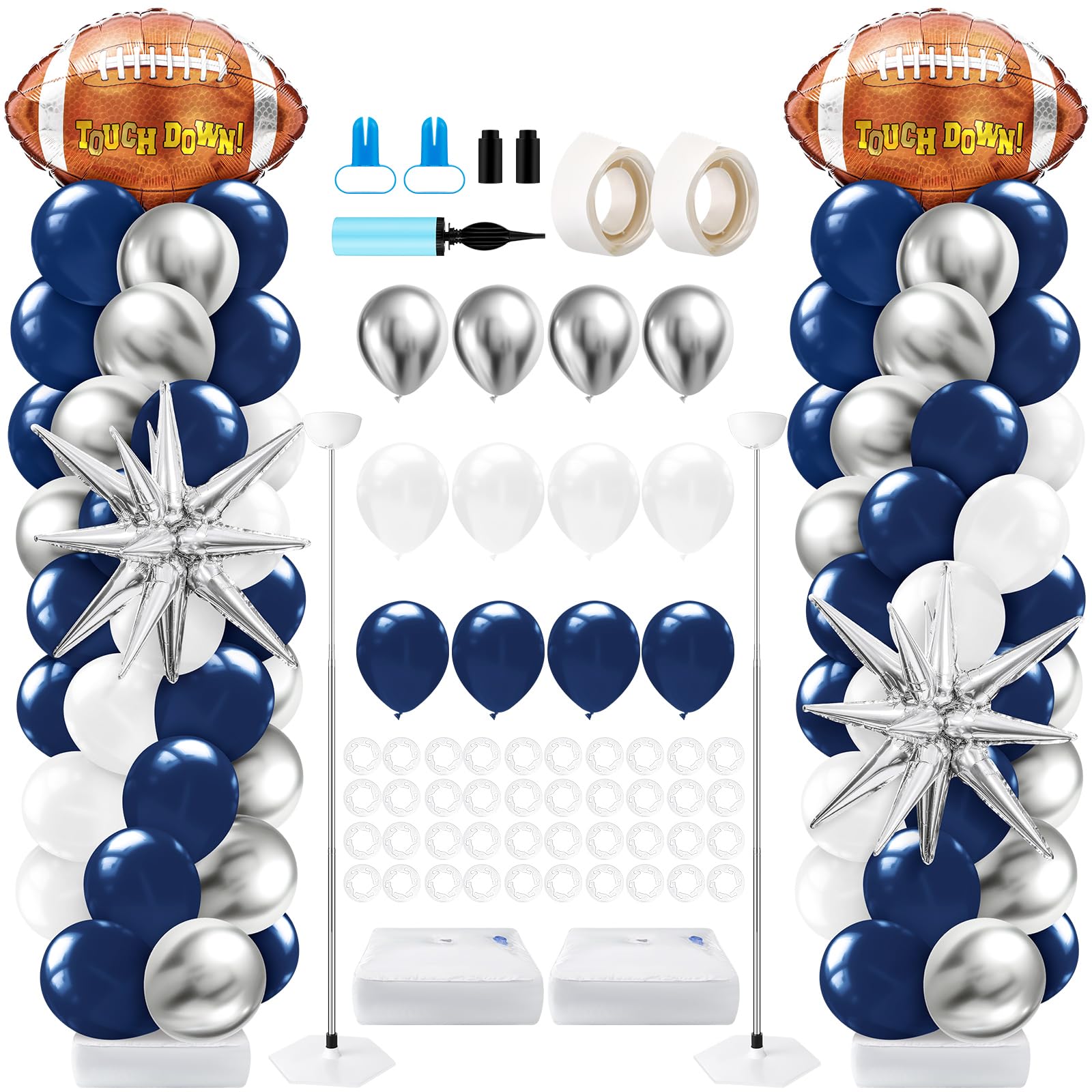 2 Sets Cowboys Football Balloon Column Stand Kit with 4d Football, 100 Latex Navy Blue White and Silver Balloons Arch Garland for Rugby Party Baby Shower Birthday Sport Theme Decorations