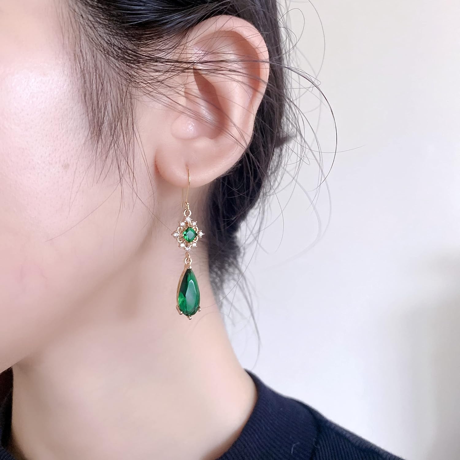 MOMOCAT 18K Gold Plated Vintage Emerald Green and Gold Hanging Earings Statement Earingings Dangling Formal Chandelier Fancy Dangle Earring Jewelry Hypoallergenic Long Fashion Earrings Aesthetic for - Image 6