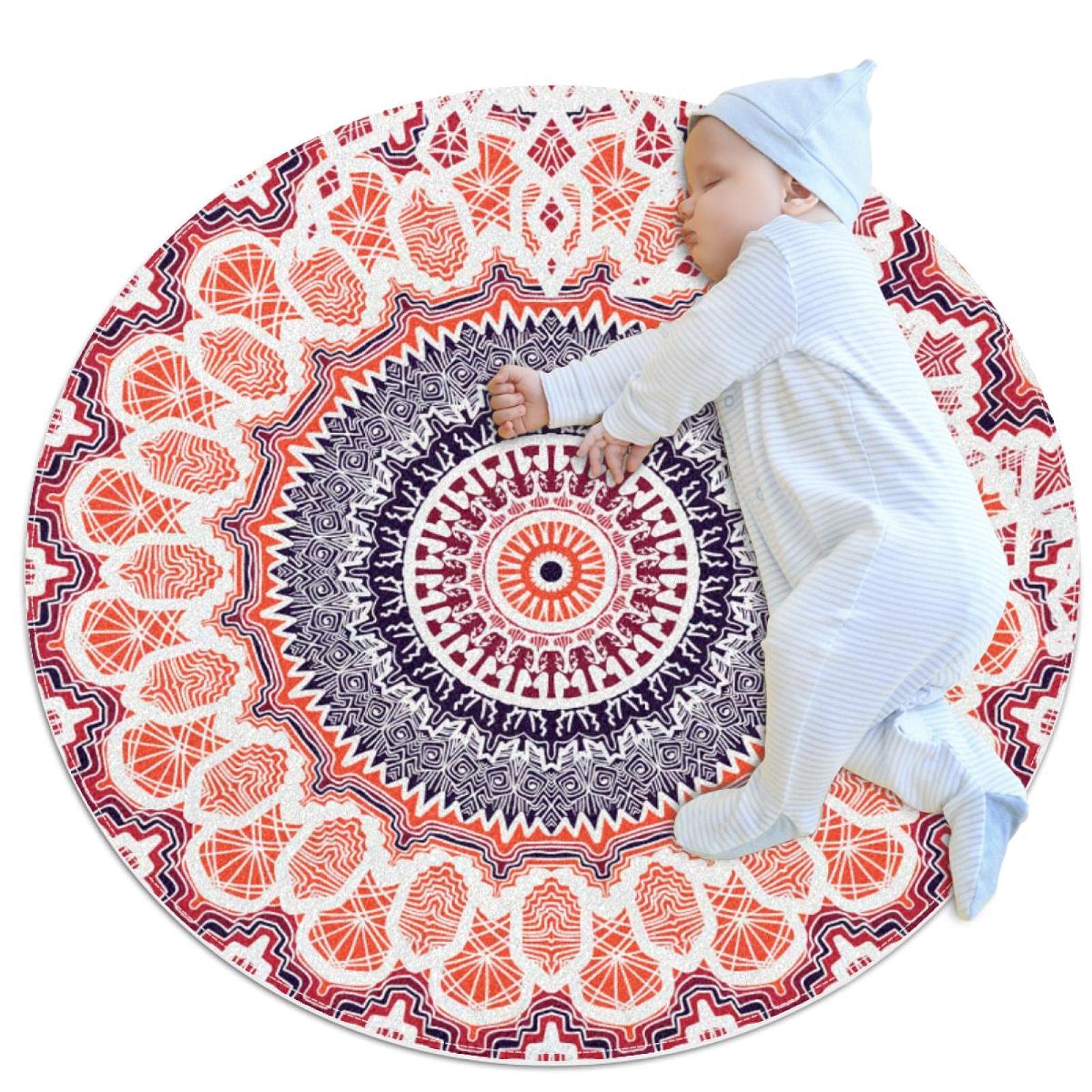 Tapis de salle de bain mandala orange rond élégant de 1m