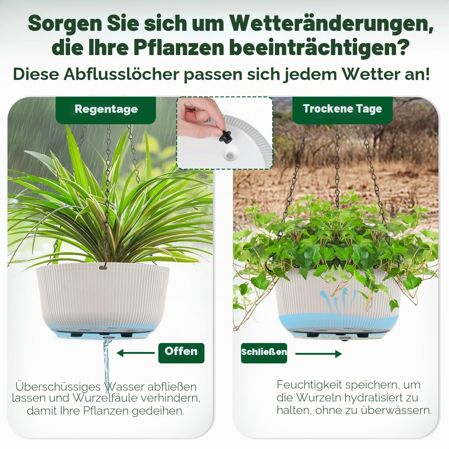 T4U Φ22cm Blumentopf Hängend Plastik 2er Set, Hängetopf für Pflanzen mit Ketten, Blumenampel mit Wasserspeicher zum Garten Balkon Wohnzimmer Blumenampel Innen für Hängeampel Pflanzen Weiß
