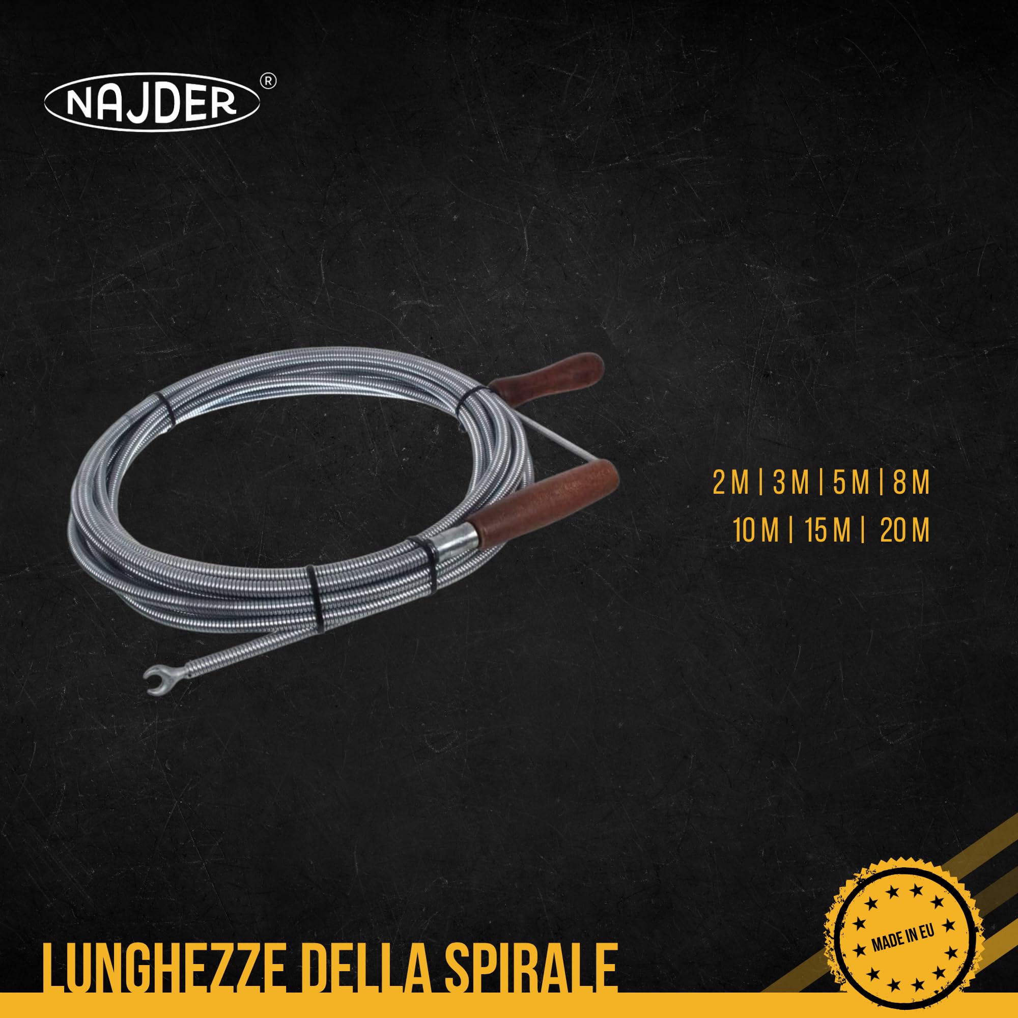 NAJDER Sbloccatore professionale di tubi con testa ad artiglio 9 mm x 20 m, spirale per la pulizia dei tubi, sblocco dello scarico, sonda di sblocco per lavello della cucina, vasca da bagno