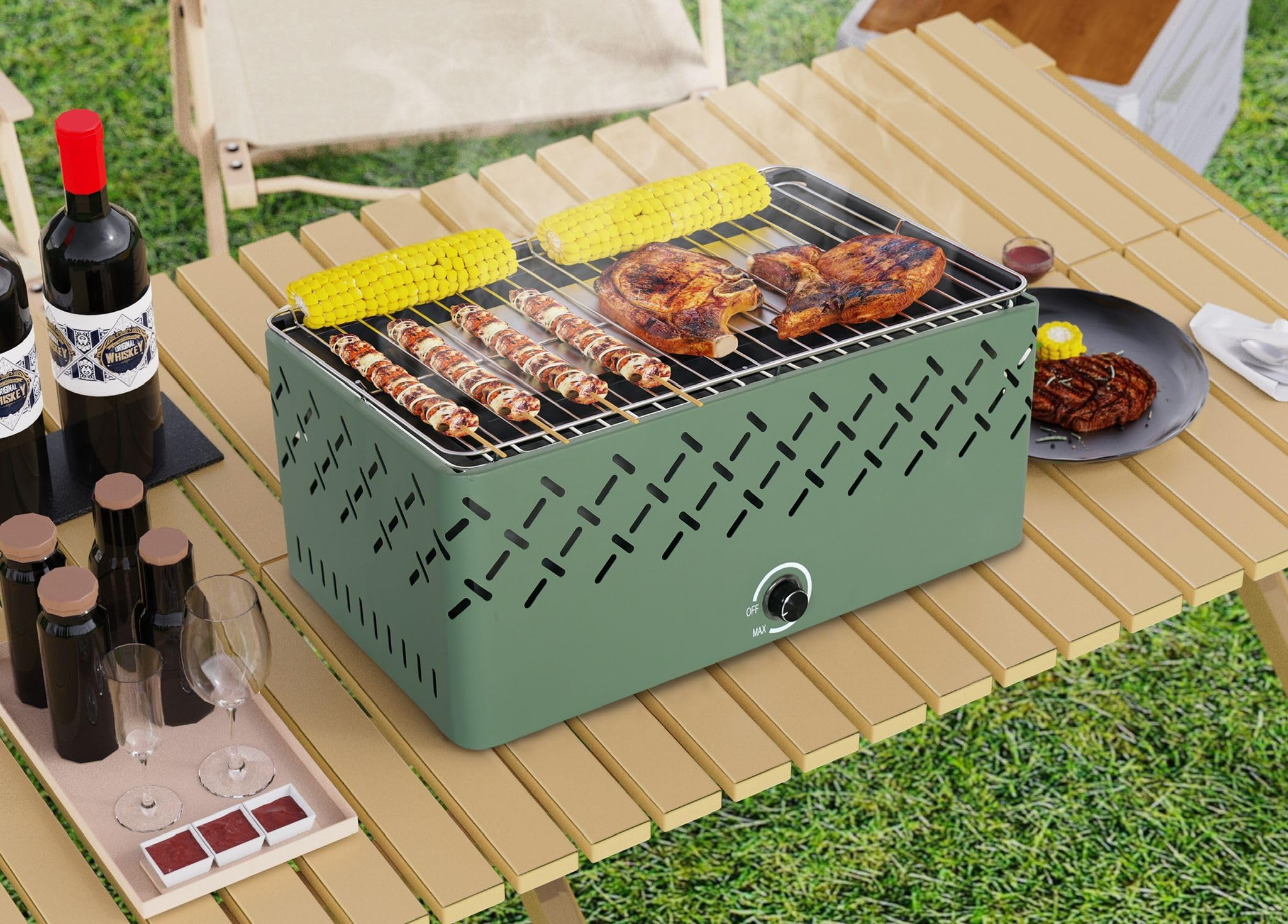 Livona K-BBQ : Barbecue Japonais/Coréen/Grillades/Portable/Camping – Sans Fumée (Charbon) – Grande Grille (45x27cm) – Système de Ventilation Ajustable - Chromé avec protection - Ventilateur.