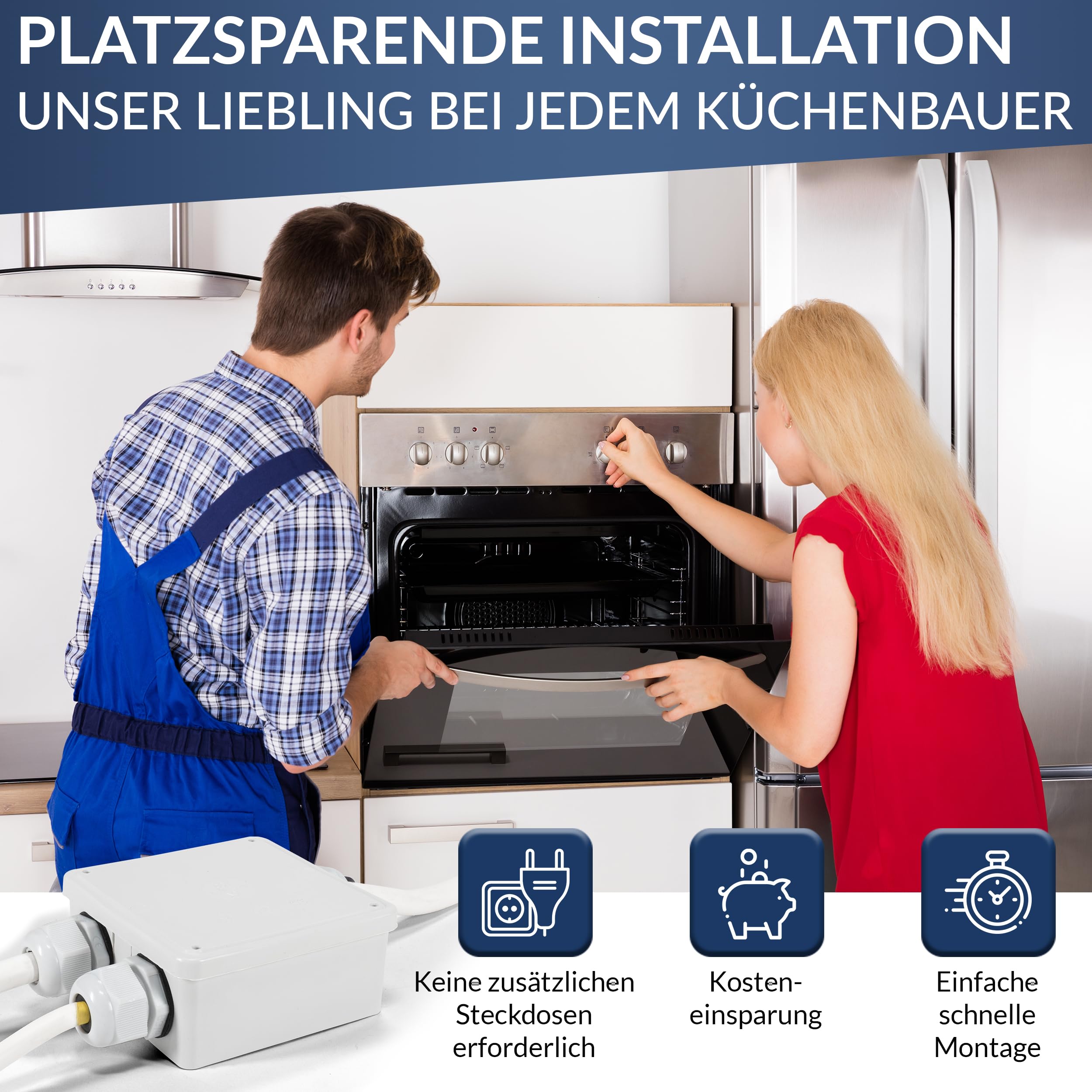 Hochwertige [Küchenanschlussbox, Splitter-Box] mit 2m Kabel Küchenanschlussverteiler [2-fach für Kochfeld & Backofen] an Herdanschlussdose IP40 hergestellt in Germany