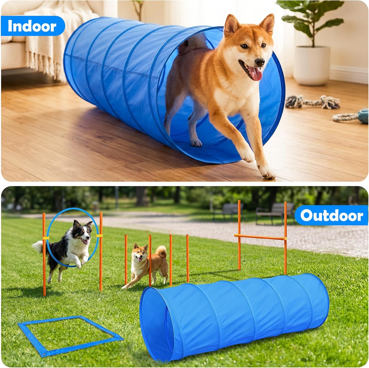 XiaZ Dog Agility Course Backyard Set, Dog Obstacle Course Training Starter Kit Pet Outdoor Game with Tunnel, Agility Hurdle, Weave Poles, Jump Ring, Pause Box, Collapsible Dog Bowls and Storage Bag