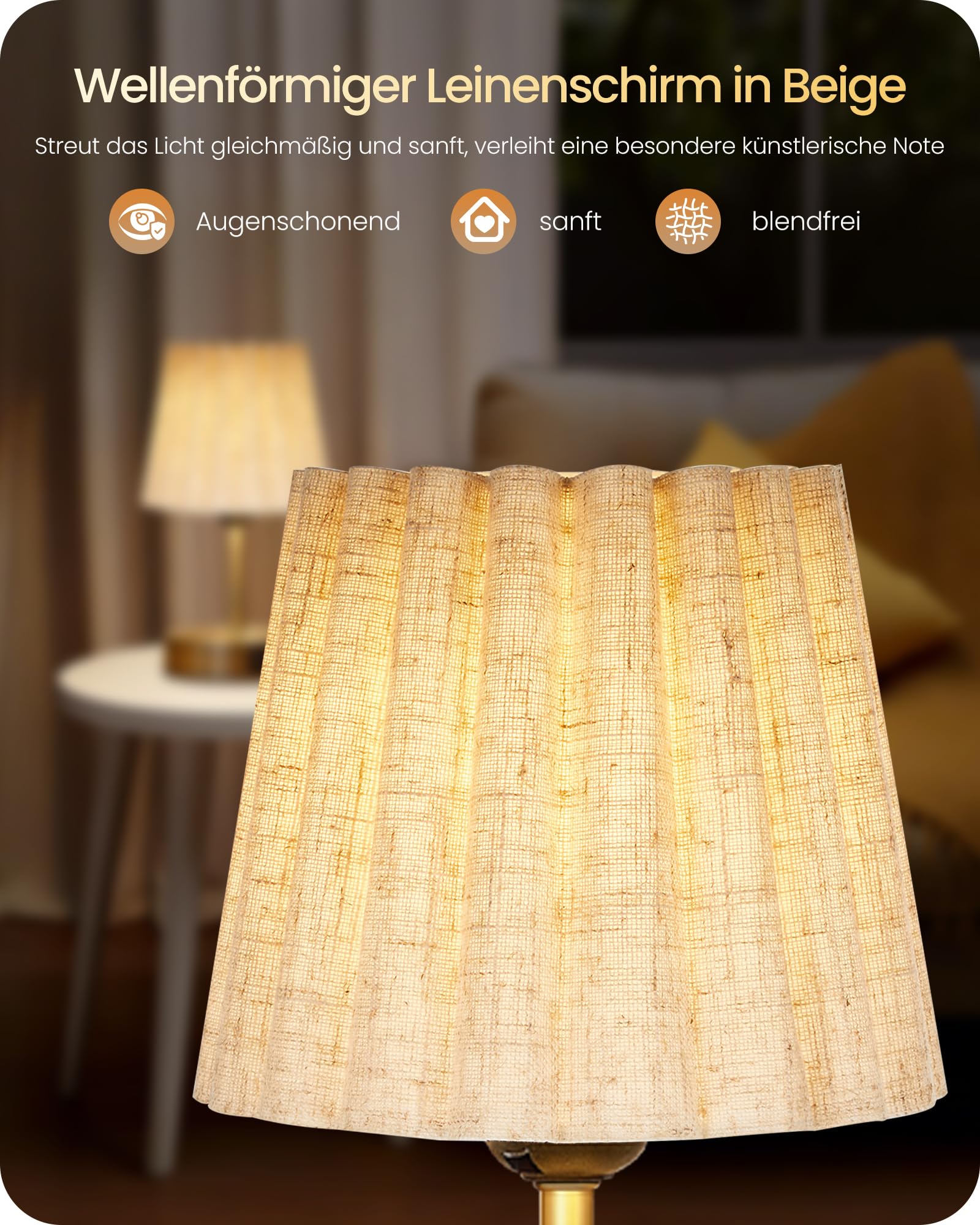 Lampada da comodino tattile dimmerabile, confezione da 2, con USB e lampadina LED dimmerabile, paralume ondulato, attacco E27, per comodino, ufficio, camera da letto, oro e beige