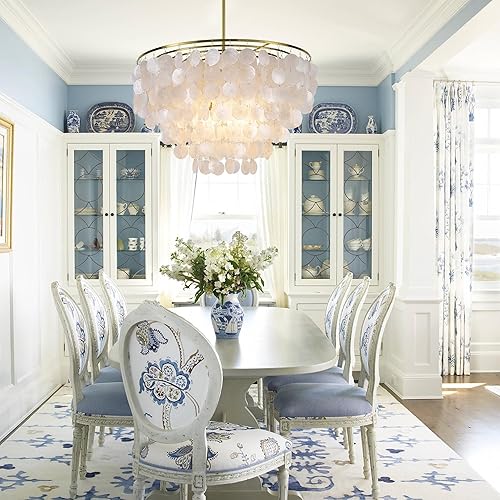 Miniatura 6 de Wellmet Candelabro de concha natural Capiz, 6 luces doradas costeras modernas, lámpara colgante colgante redonda en capas para sala de estar, mesa