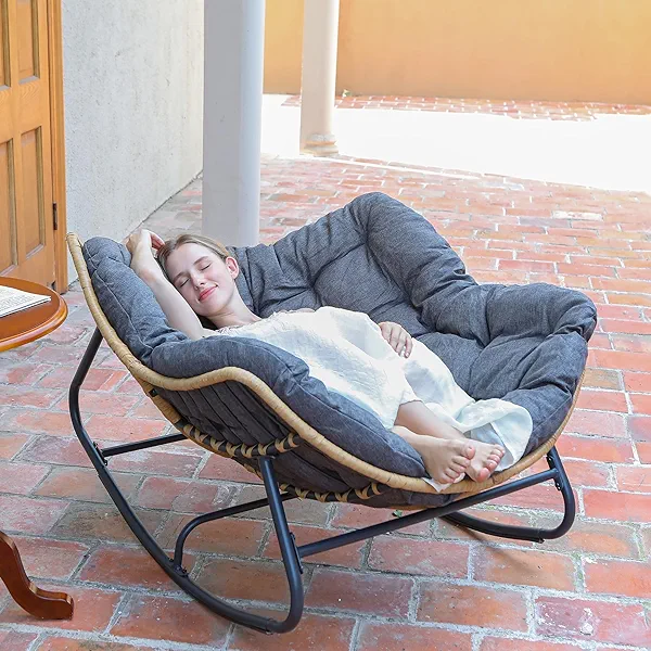 SWITTE Outdoor Rocking Chair, Oversized Patio Papasan Rocker, Comfy Wicker Reading Lounge, Indoor Egg Chair for Bedroom, Living Room, Porch, Garden, Lawn-Dark Grey