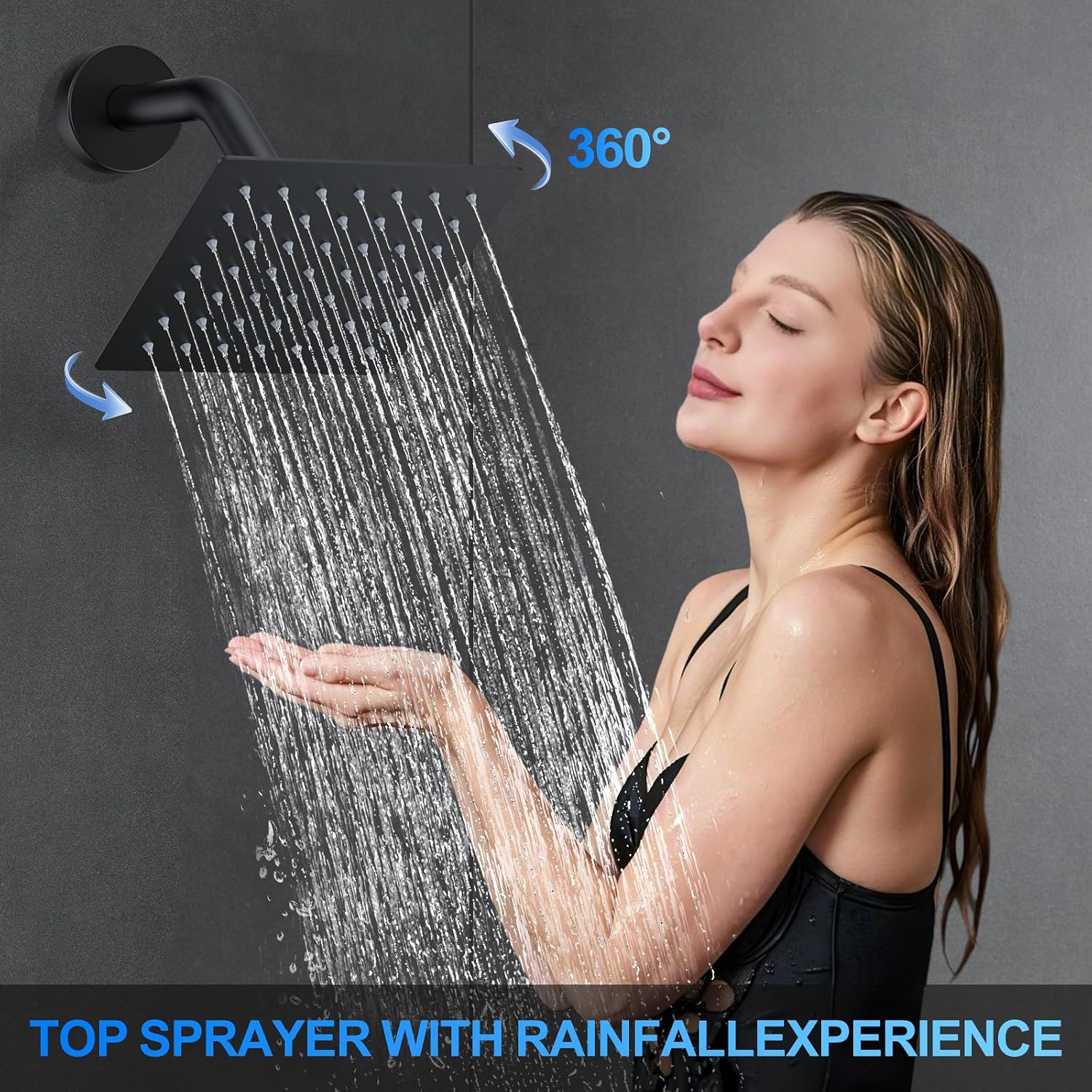 Shower Faucet Set, 12" Ceiling Mount Rainfall Shower System with 2 Rain Shower Head and Multi-function Handheld Head Push Button Diverter Shower Faucet Trim Kit (12", Matte Black) - Image 6