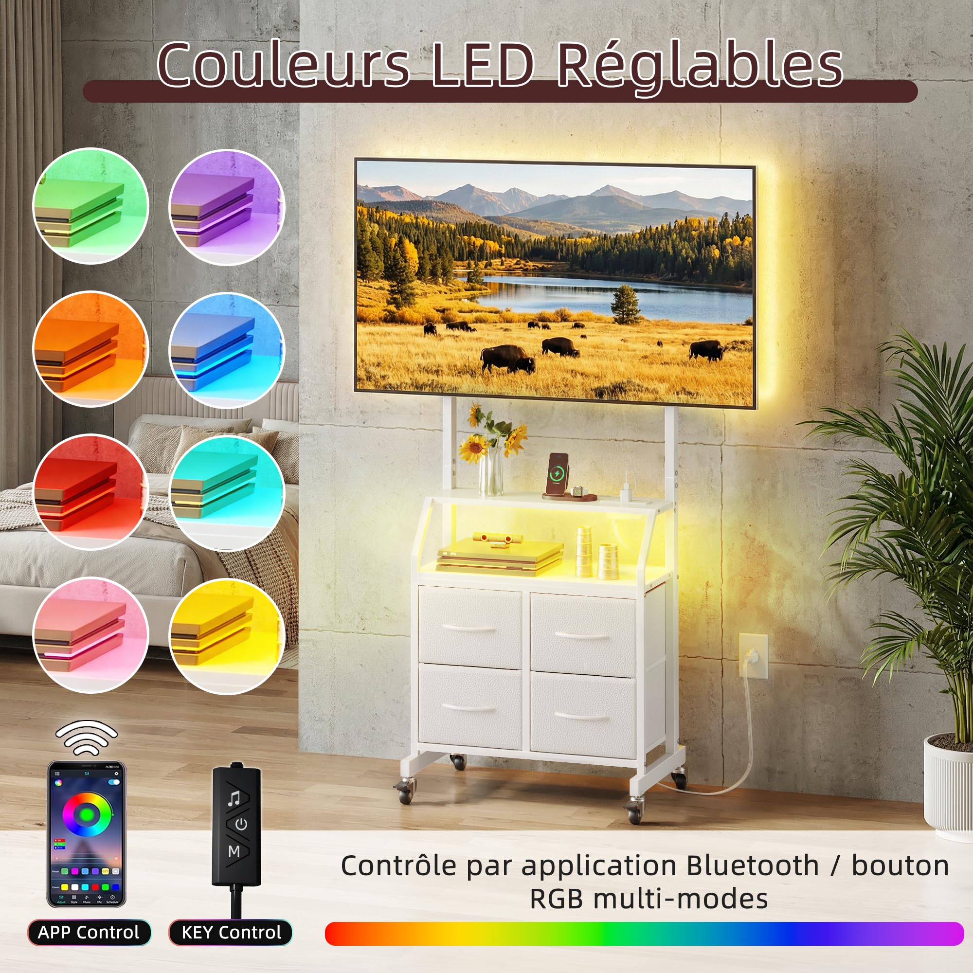 Support TV sur Pied avec roulettes 32-75 Pouces Meuble TV roulettes | Support TV sur roulettes avec LED et Prises Intégrées, Réglable en Hauteur avec 4 Tiroirs, Max VESA 600x400 mm, Blanc