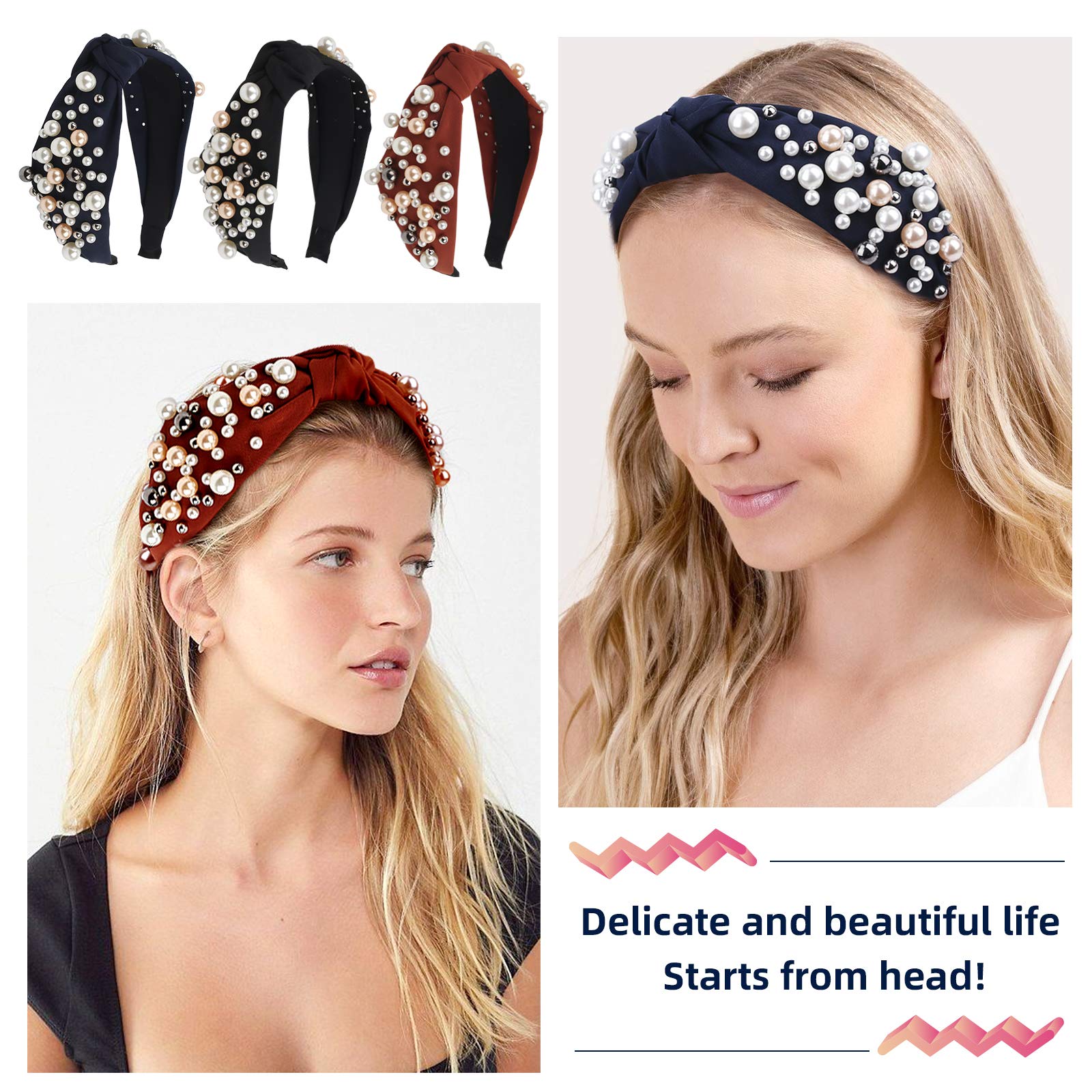 JM Diademas De Moda Para Mujeres Y Niñas, 4 Piezas De Diademas Anudadas Diadema De Perlas Diadema De Parte Superior Ancha Bandas De Pelo Con Nudo Vintage Aros De Pelo Con Estampado