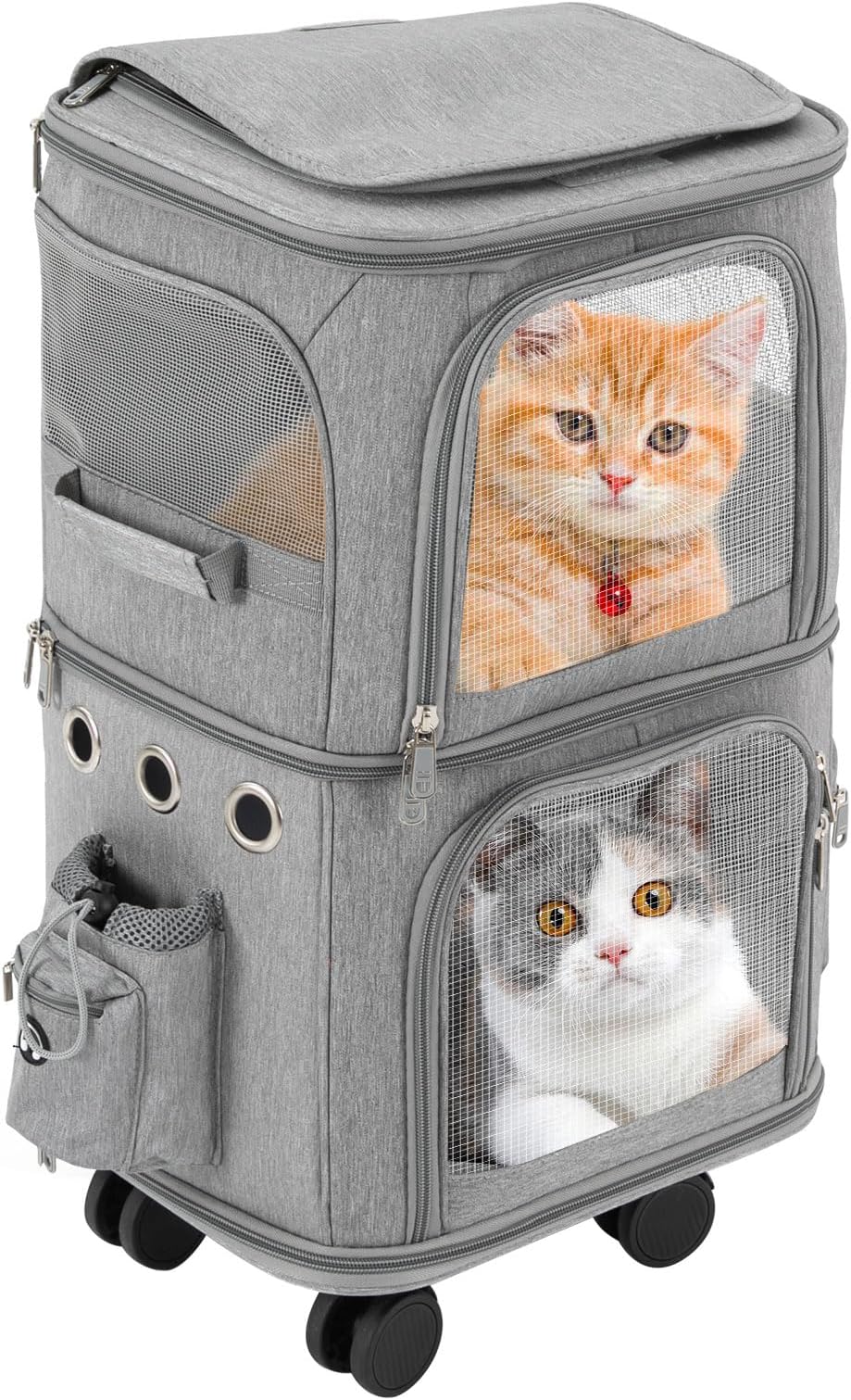 Double-Compartment Pet Carrier Backpack with Wheels for Small Cats and Dogs, Cat Rolling Carrier for 2 Cats, Perfect for Traveling/Taking a Walk/Trips to The Vet,for Up to 22 LBS (Grey)