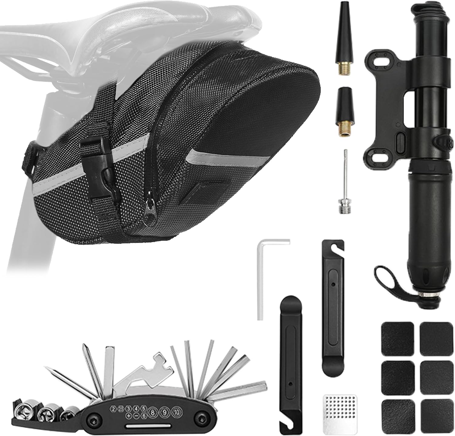 Bicycle Seat Bag Water Proof with Bike Tool Kit, Bike Repair Kit with Bike Tire Pump Bicycle Repair Bag Portable Wrenches Glueless Tire Patchs 15 in 1