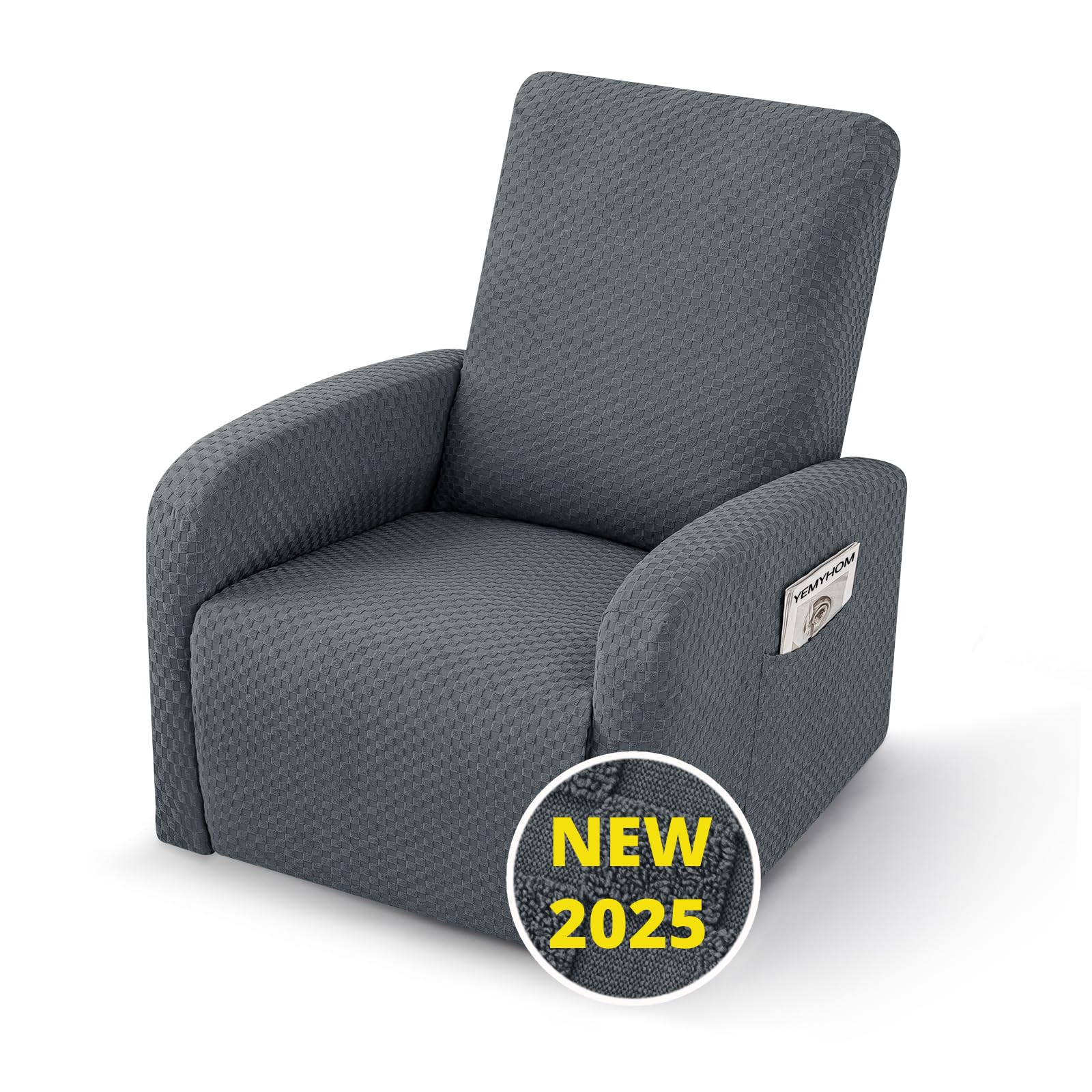YEMYHOM 3 Pieces Stretch Recliner Slipcover Latest Jacquard Small Recliner Chair Cover with Side Pocket Anti-Slip Fitted Furniture Protector with Elastic Bottom (X-Small Recliner, Dark Gray)