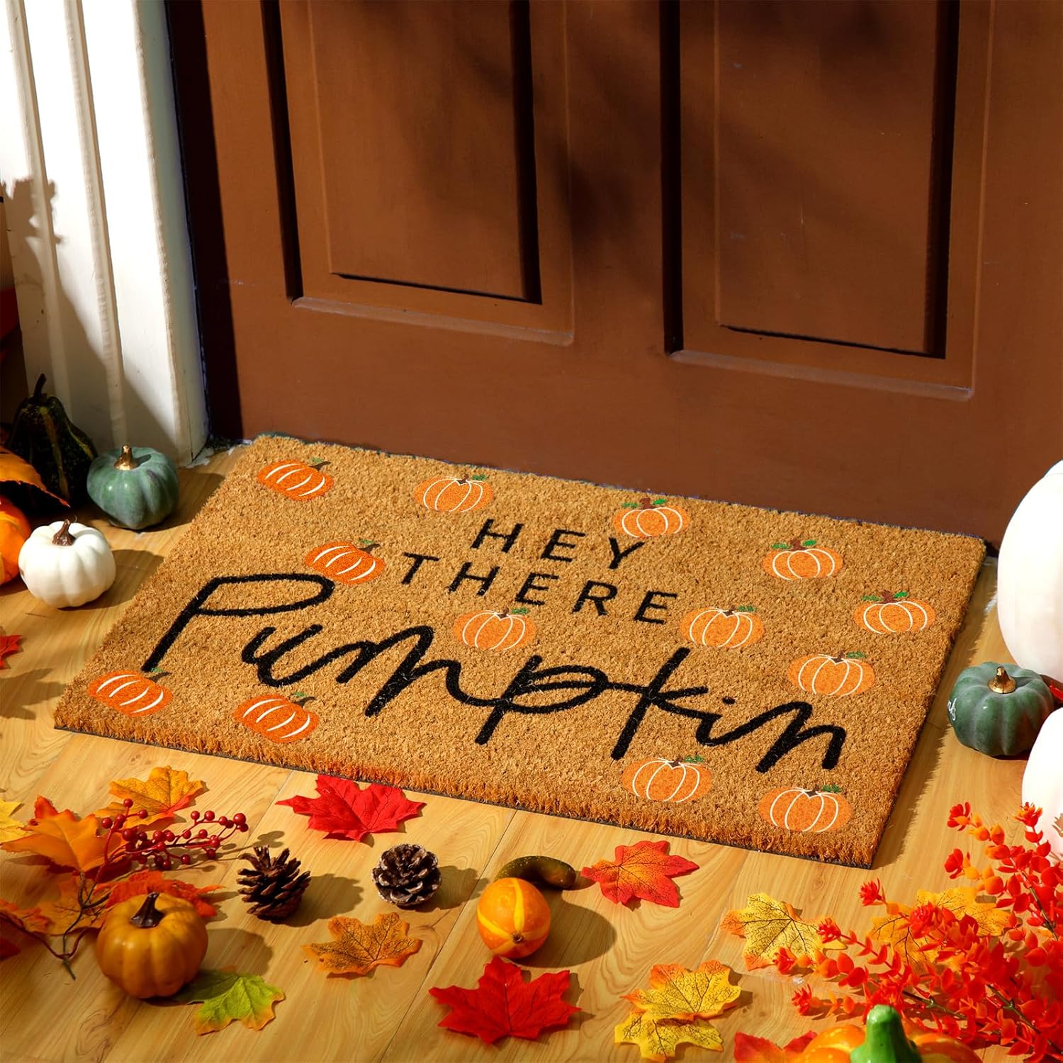 Ceenna Hey There Pumpkins Doormat Thanksgiving Coir Doormat Welcome Pumpkins Door Mat Fall Non Slip Floor Mats Pumpkins Thanksgiving Indoor Entrance Door Mat Fall Porch Front Decor, 24 x 16 Inch Classic Pumpkin