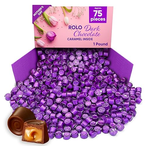Rolo - Caramelo de chocolate oscuro con caramelo en el interior, 1 libra aproximadamente 72 piezas Rolos morados para el Día de la Madre, caramelo