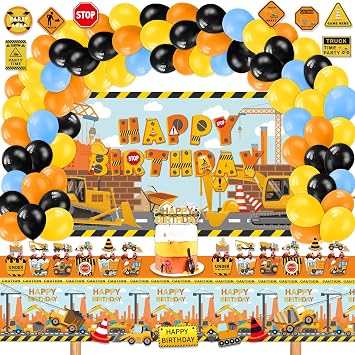 Construction Birthday Party Supplies, 136 Pcs Dump Truck Party Decorations for Boys Baby - Backdrop, Banner, Toppers, Balloons, Cupcakes Wrappers, Party Traffic Signs, Tablecloth