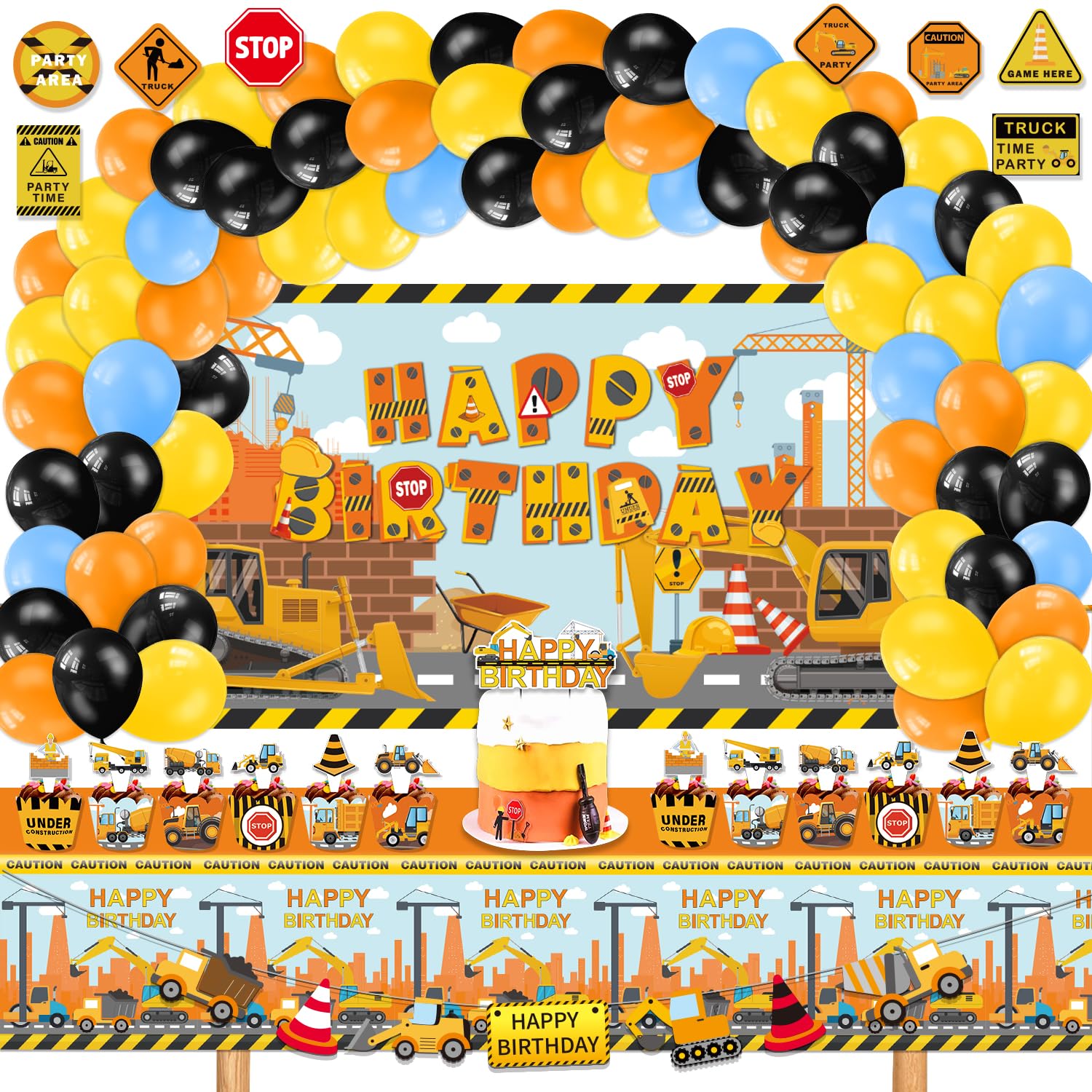 Mpanwen Construction Birthday Party Supplies, 136 Pcs Dump Truck Party Decorations for Boys Baby - Backdrop, Banner, Toppers, Balloons, Cupcakes