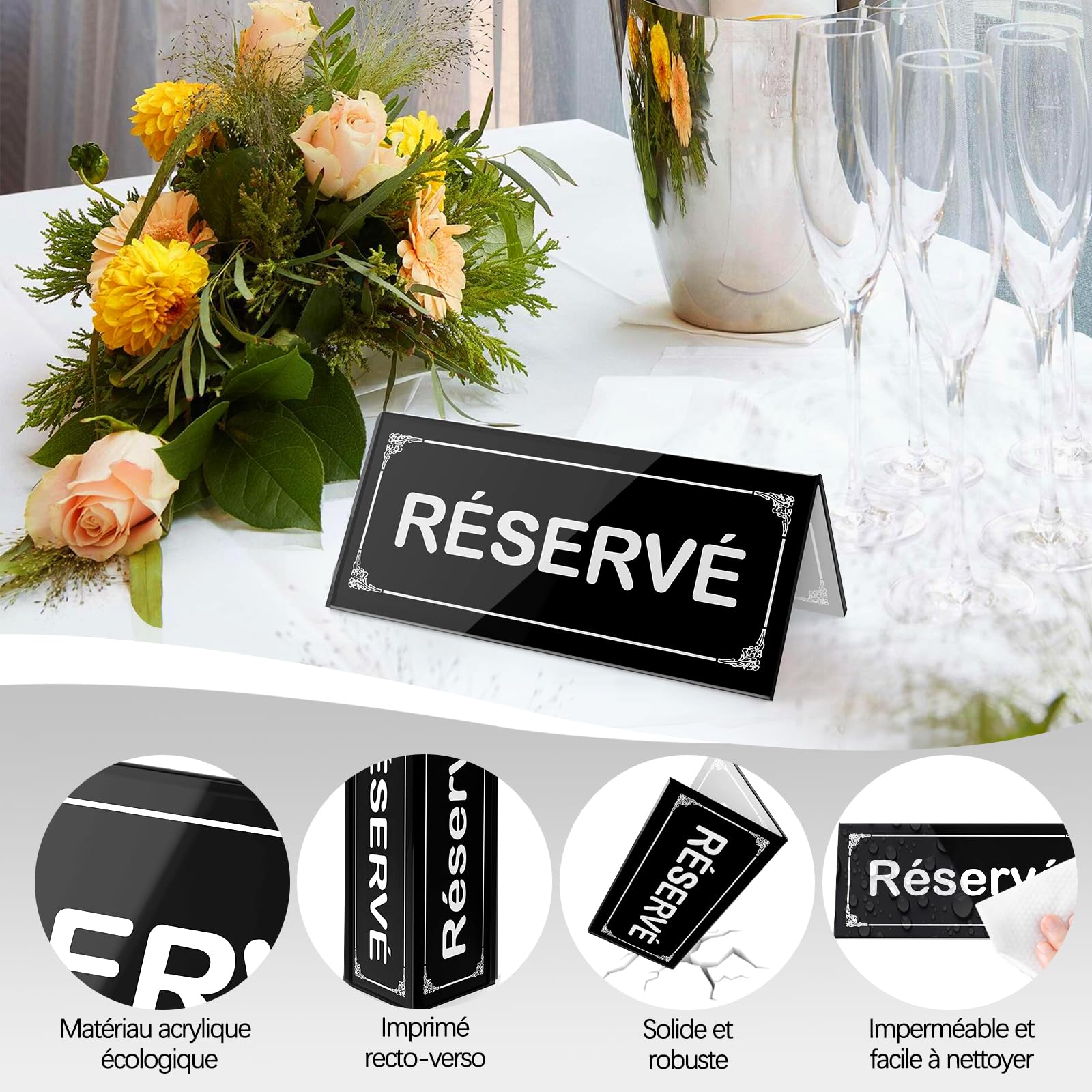 Panneau en Acrylique pour Table "Réservé" (6-pack) - 12 x 6cm- Les deux faces -Pour mariage, anniversaire, restaurant, affaires, bureau, réunion